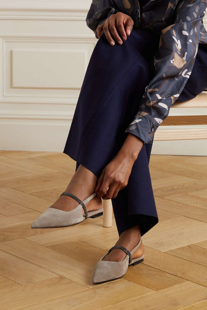 Brunello Cucinelli Bead-embellished suede slingback point-toe flats outlook