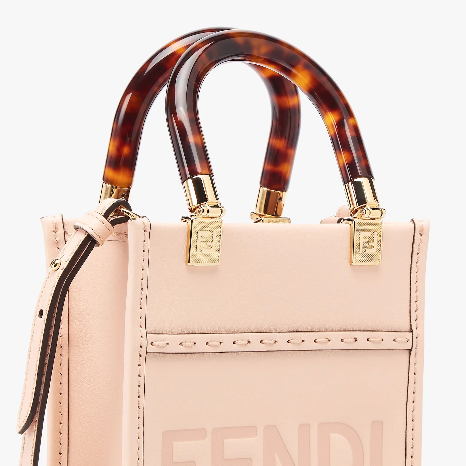 Mini Sunshine Shopper bag in pale pink leather with hot-stamped FENDI ROMA print and tortoiseshell-e - 5