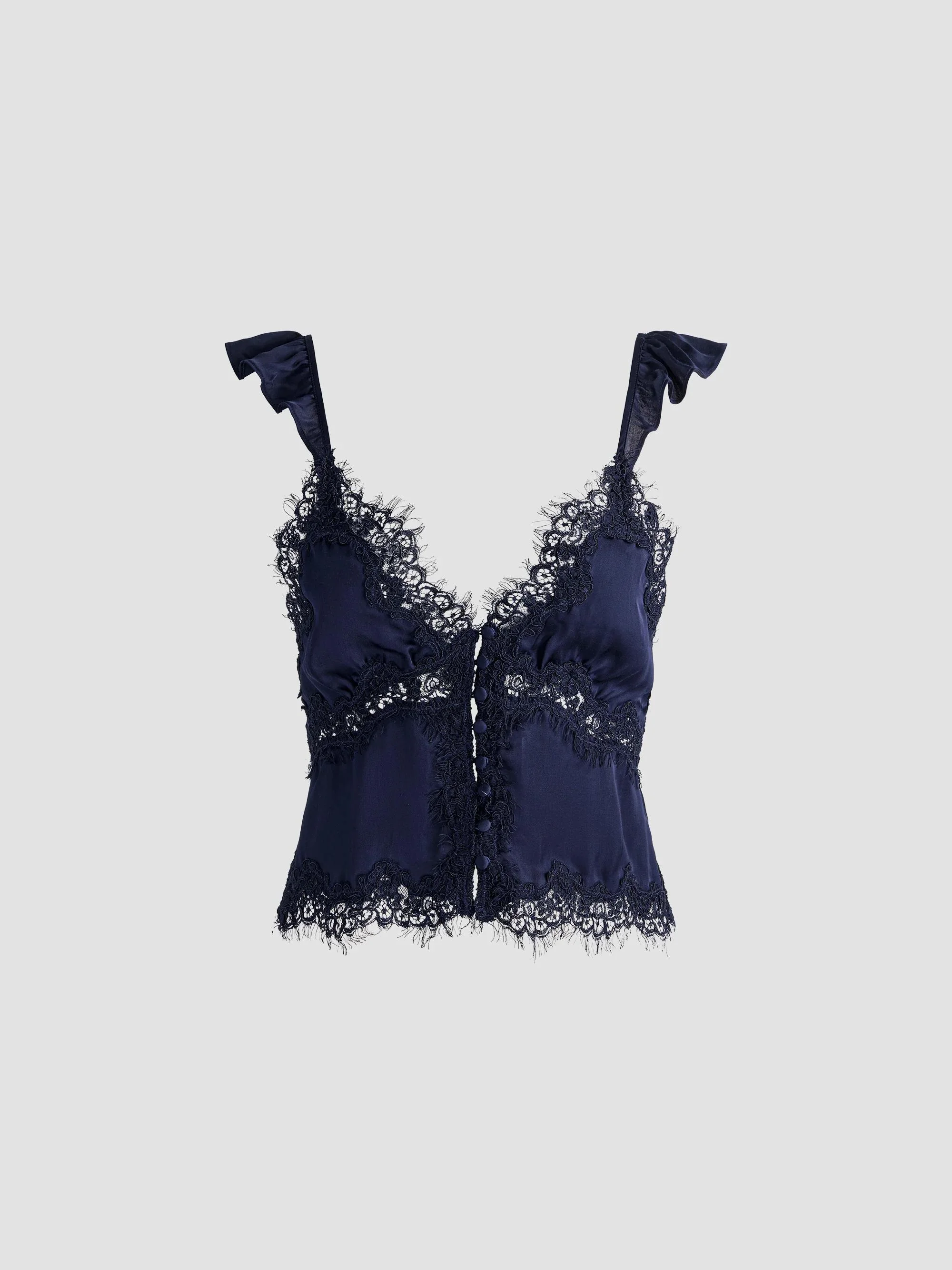 Women's Rafaella Lace-Trim Ruffled Satin Top - Midnight Blue - 1