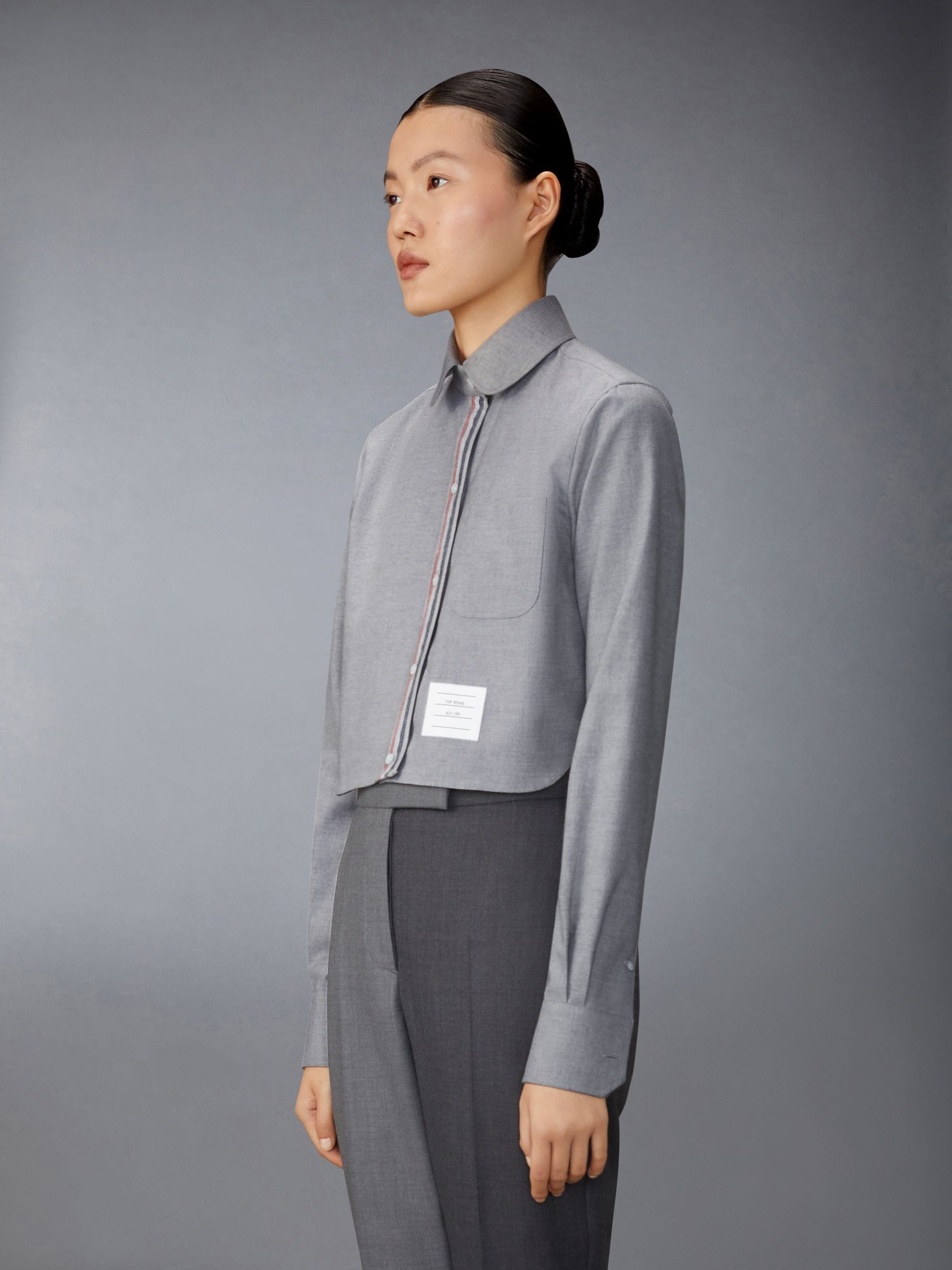 Stripe Cotton Flannel Classic Cropped Round Collar Shirt - 2