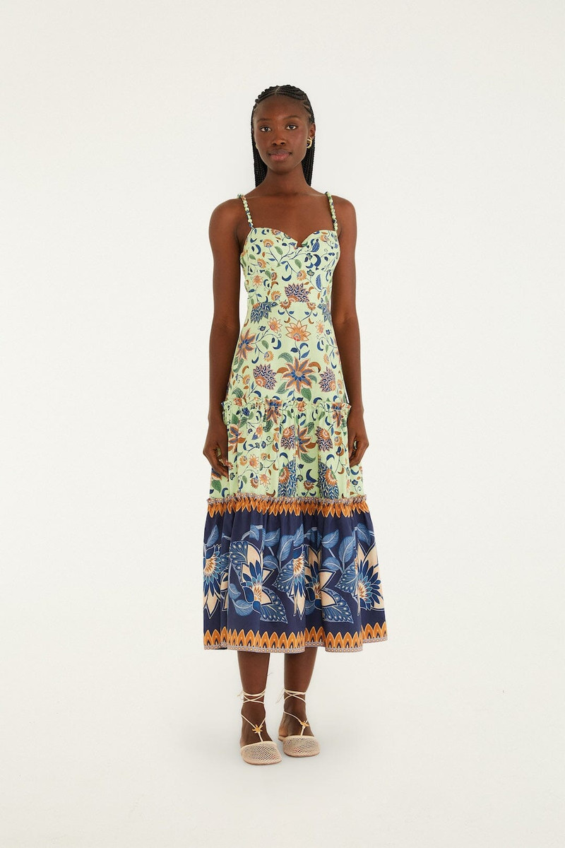 Green Floral Delhi Tapestry Beaded Straps Midi Dress 1