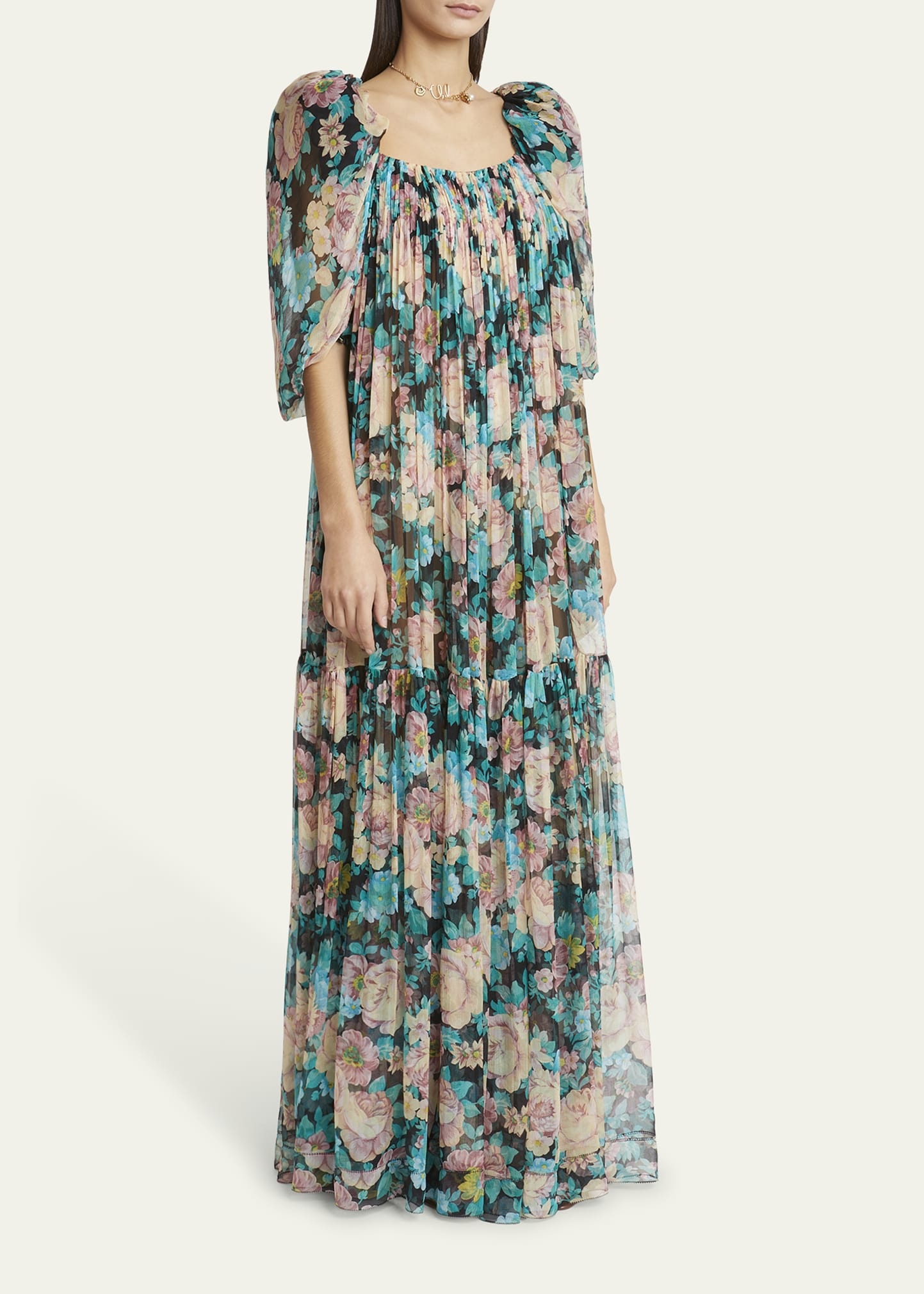 Long Floral Puff-Sleeve Silk Dress - 4