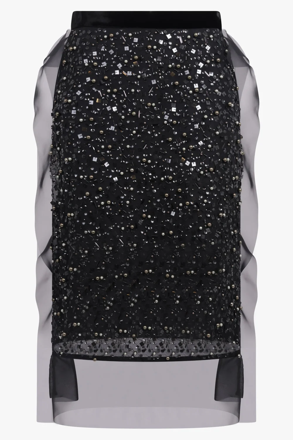SEQUIN EMBROIDERY SHEER MIDI SKIRT | BLACK - 1