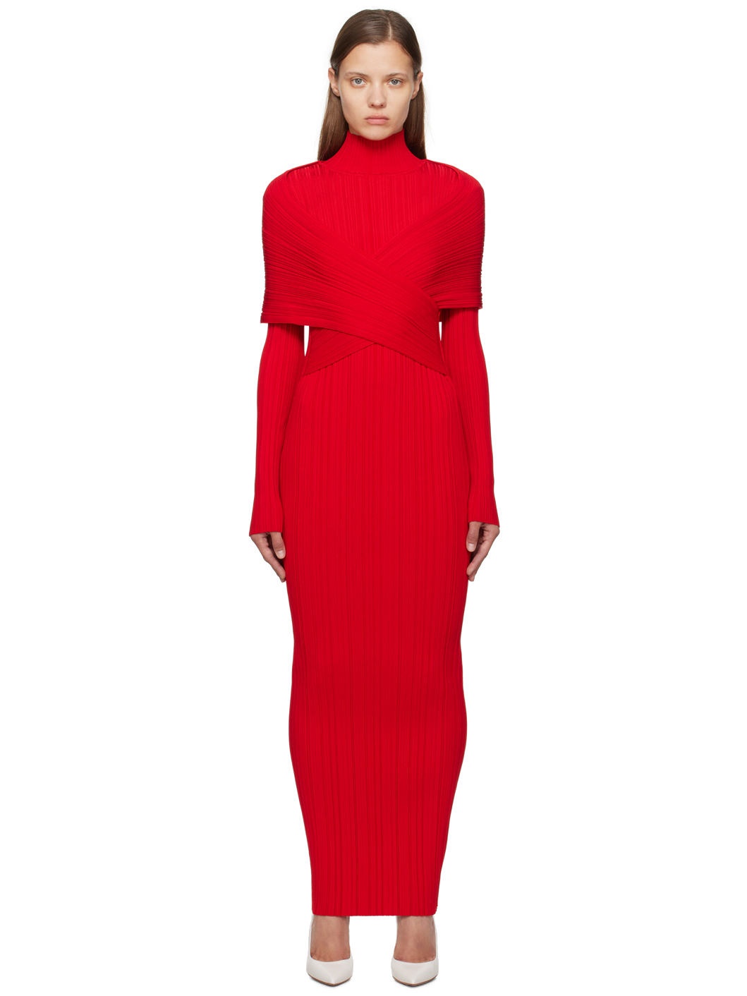Red Pleated Knit Maxi Dress - 1