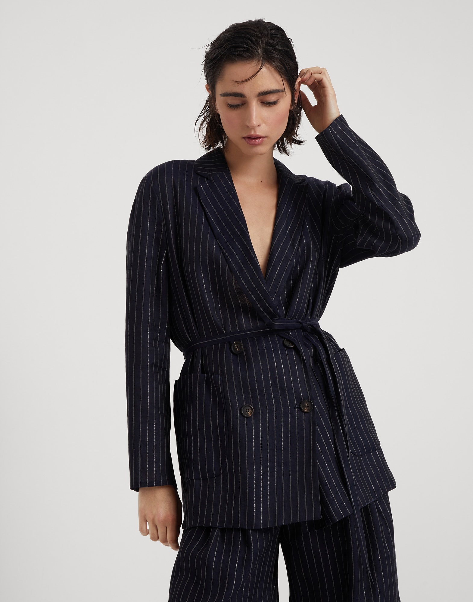 Cotton sparkling stripe gauze blazer with belt and monili - 1