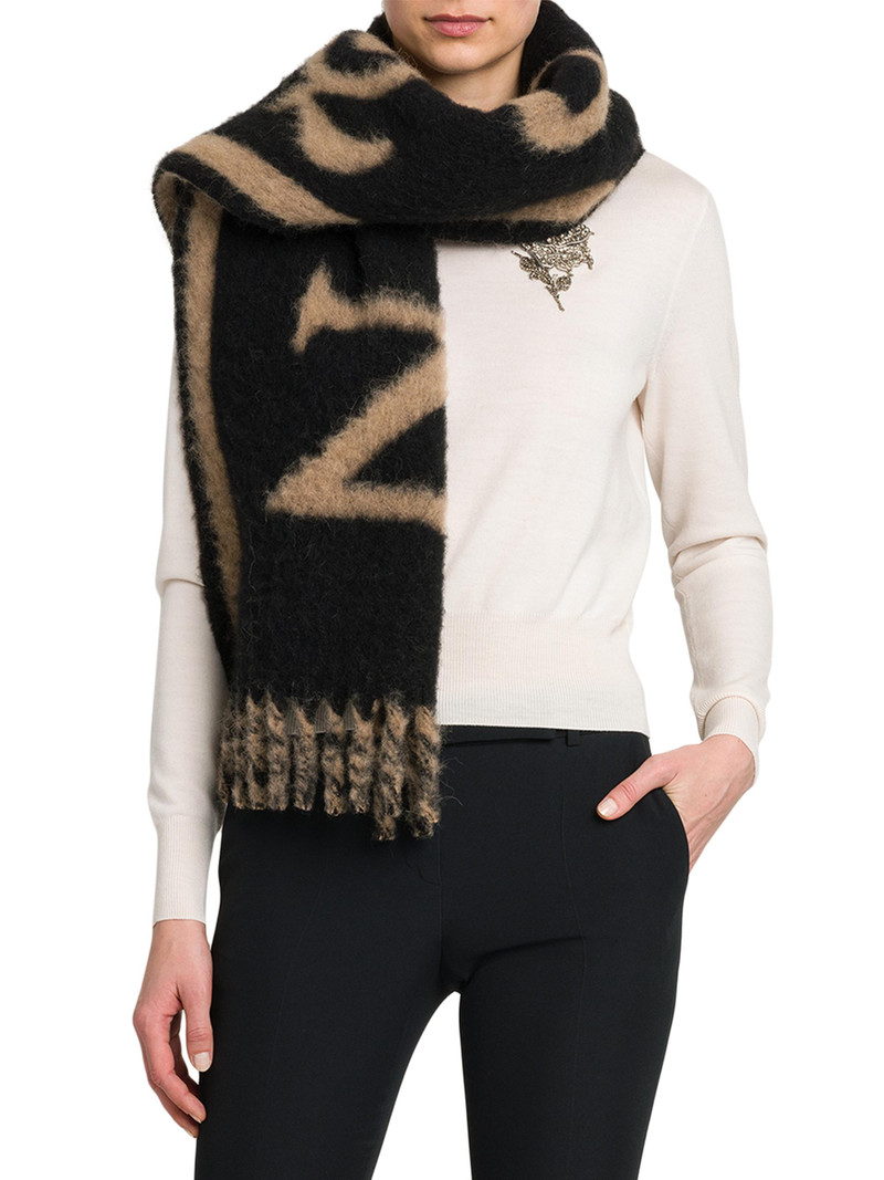 Women's Logo Alpaca-Blend Fringed Scarf - Black Camel 1