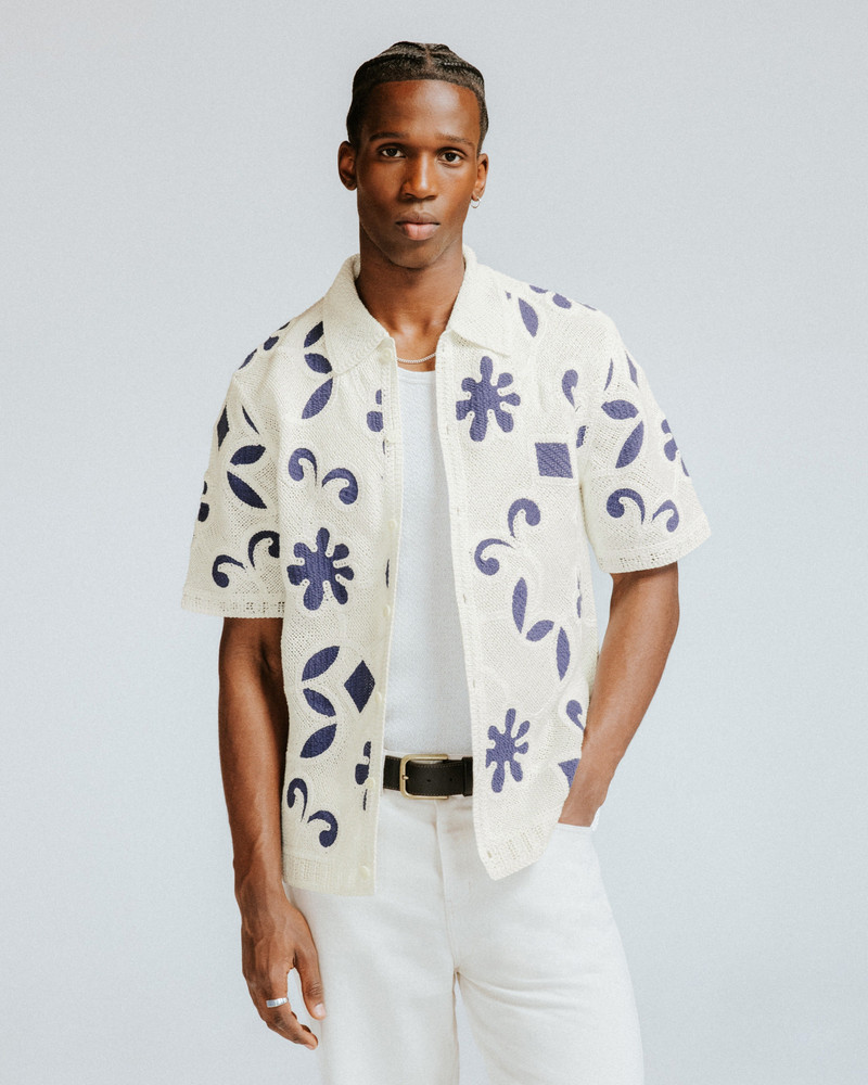 Wax London Porto - Ecru And Navy Doodle Crochet Knitted Shirt outlook