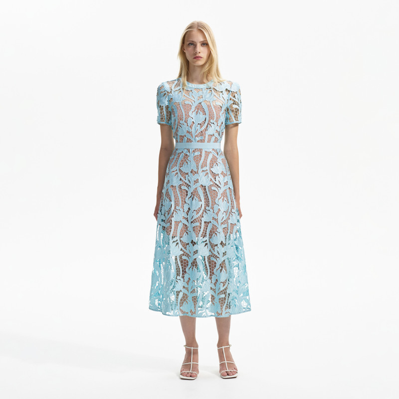 self portrait light blue dress self-portrait Lace Midi - RS24-181M-BL Select Size:15-16Y | Pre-Order elegant outfit for party Cap Sleeve Long A-Line Portrait is ready to