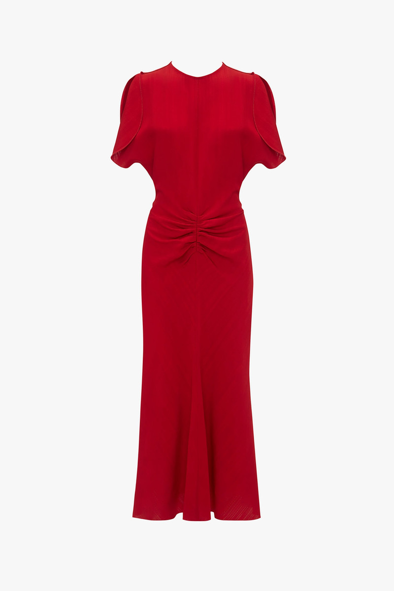 Exclusive Gathered Waist Midi Dress In Carmine 1