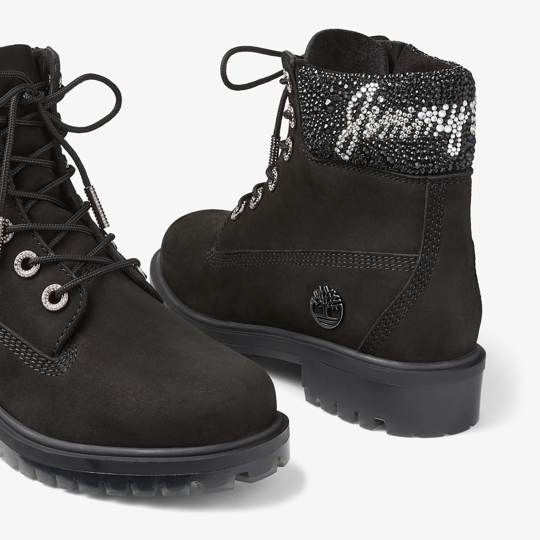 JIMMY CHOO X TIMBERLAND 6 INCH CRYSTAL CUFF BOOT
Black Timberland Nubuck Ankle Boots with Crystal Lo - 4