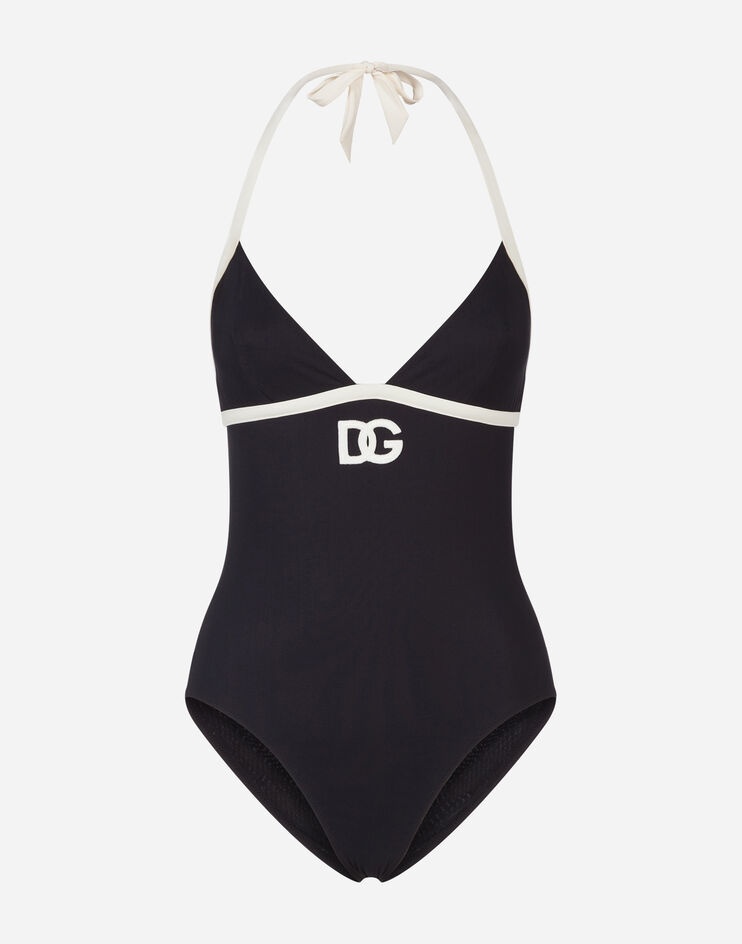 One-piece swimsuit with plunging neckline and logo - 1