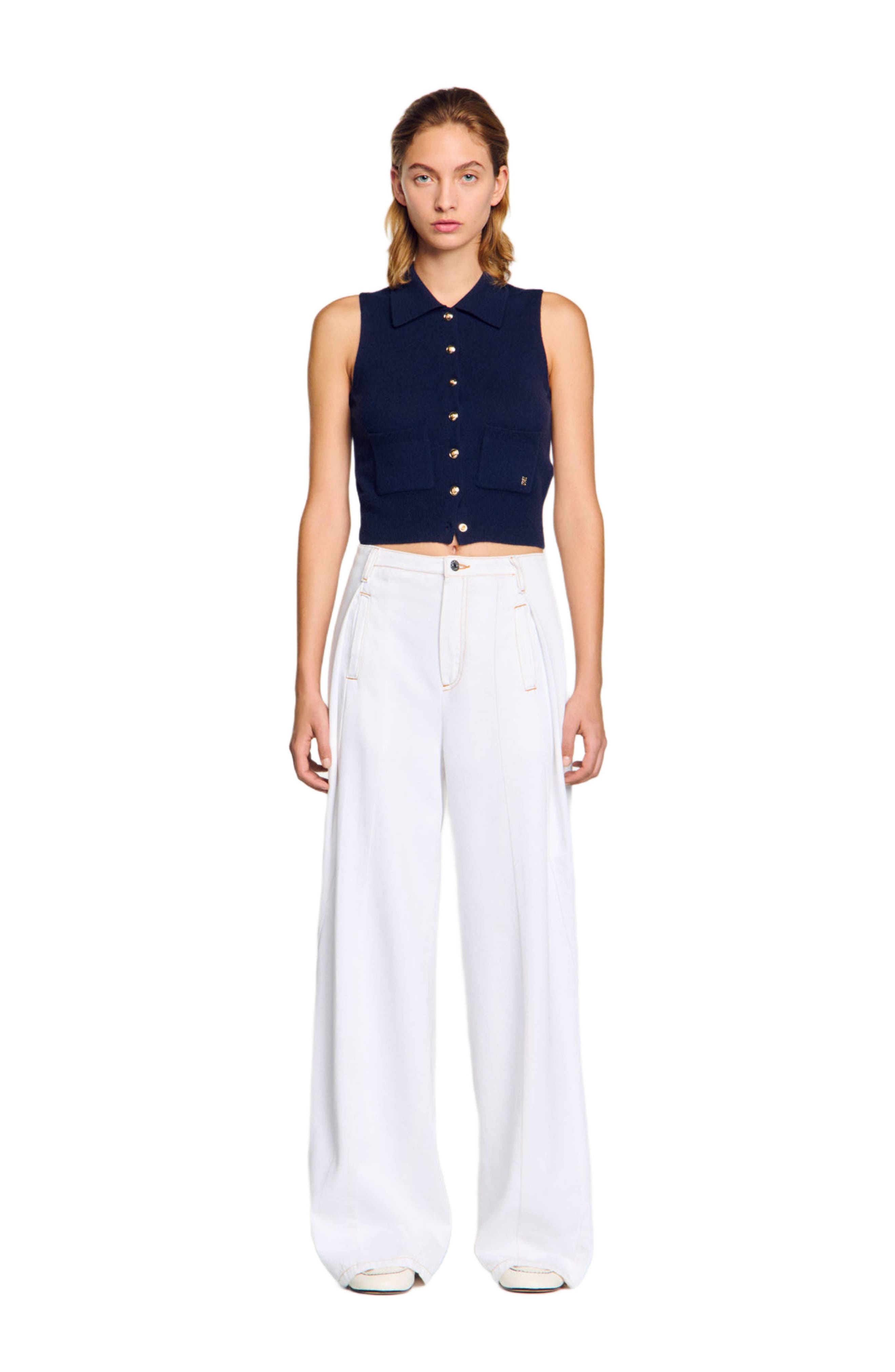 SANDRO Topstitched wide-leg jeans in White at Nordstrom - 3