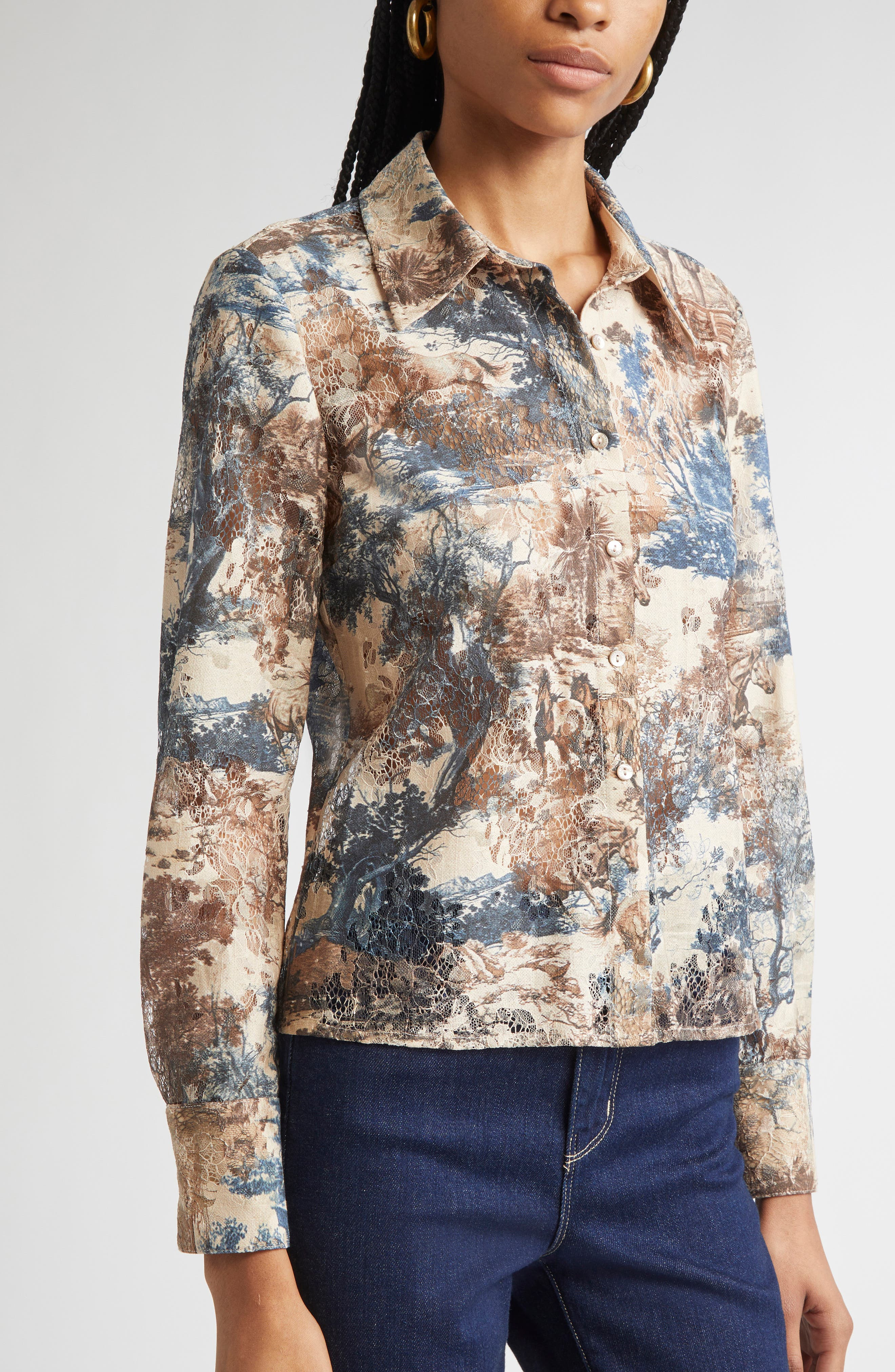 L'AGENCE Maia Printed Lace Button-Up Shirt in Tan Mountain Western Toile at Nordstrom - 4