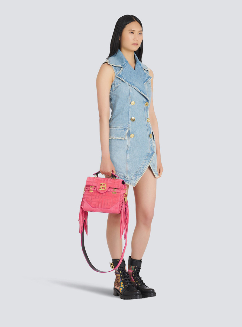 Balmain Debossed suede B-Buzz 23 bag with fringe outlook