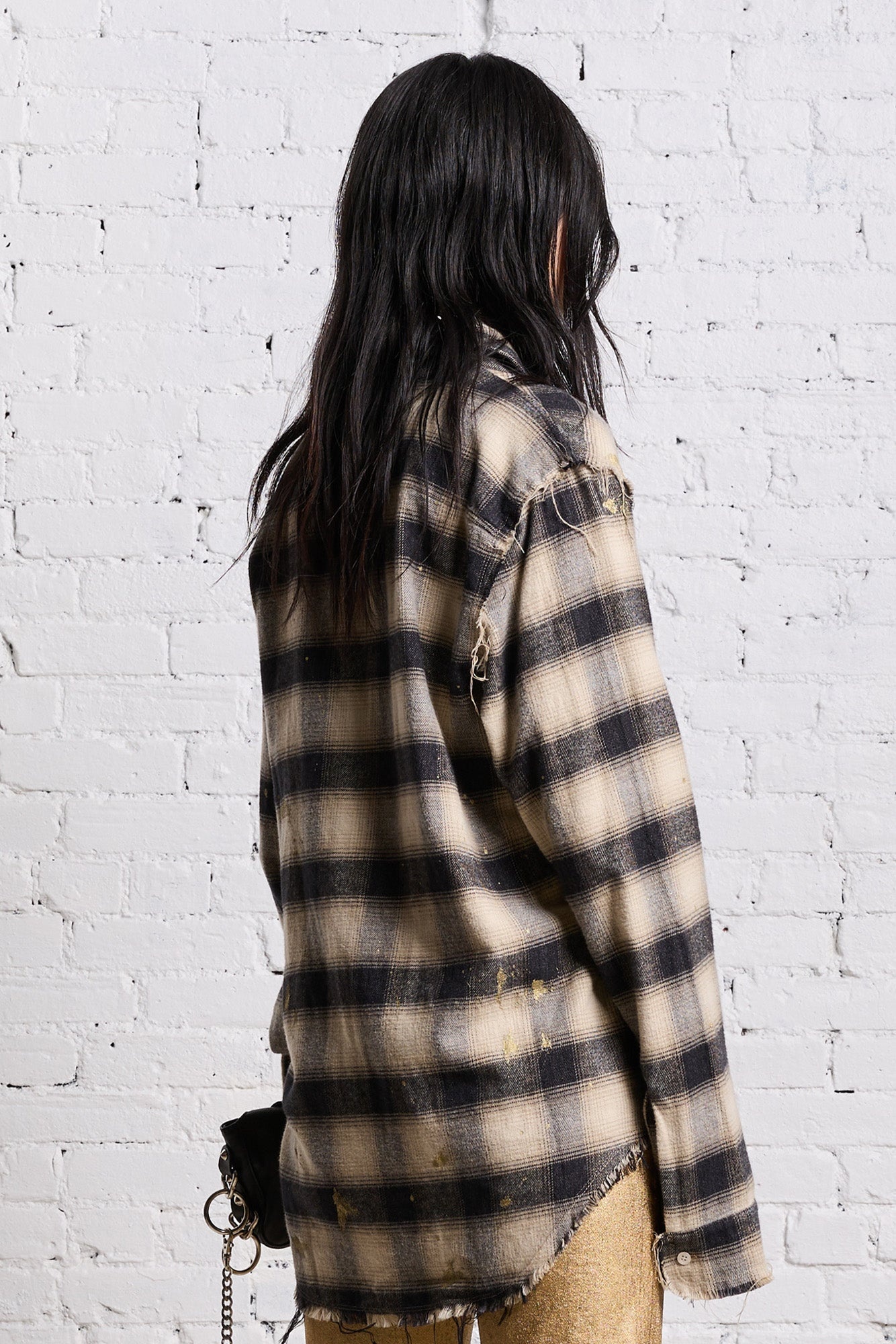 SHREDDED SEAM SHIRT - GOLD SPLATTERED BLACK PLAID - 6
