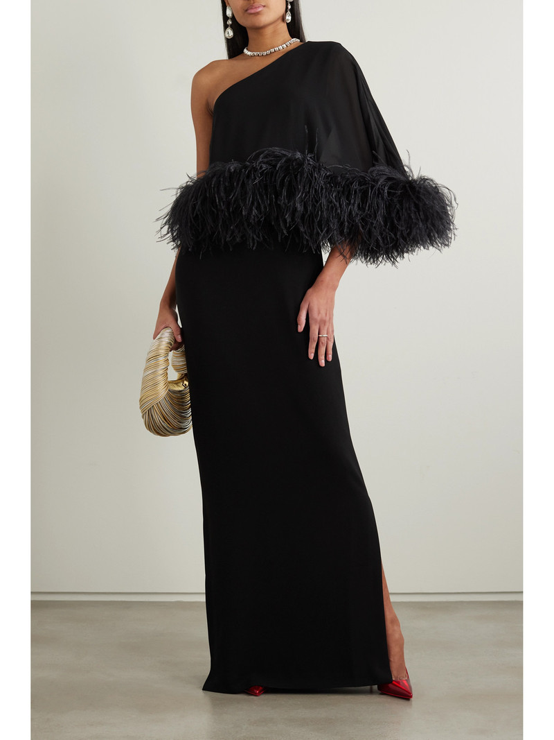 16ARLINGTON Alder One-shoulder Feather-trimmed Crepe Gown outlook