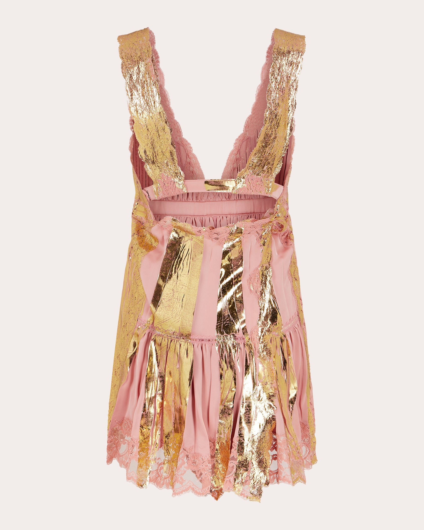 Pleated Foiled and Lace-Trimmed Satin Mini Dress - 2