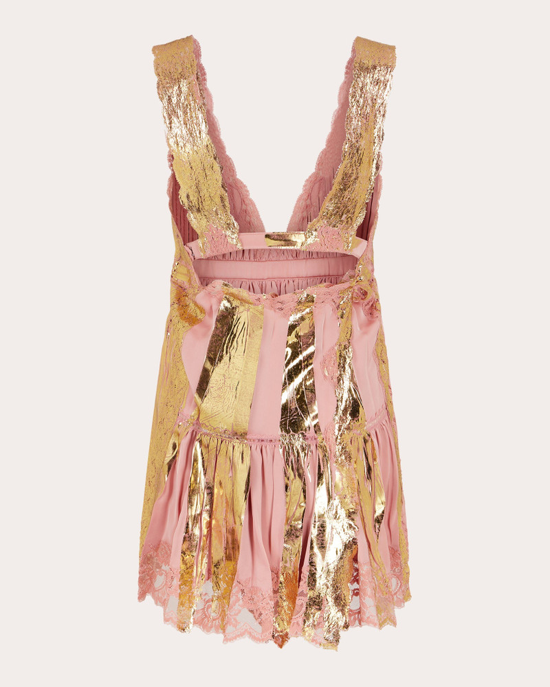 rabanne Pleated Foiled and Lace-Trimmed Satin Mini Dress outlook