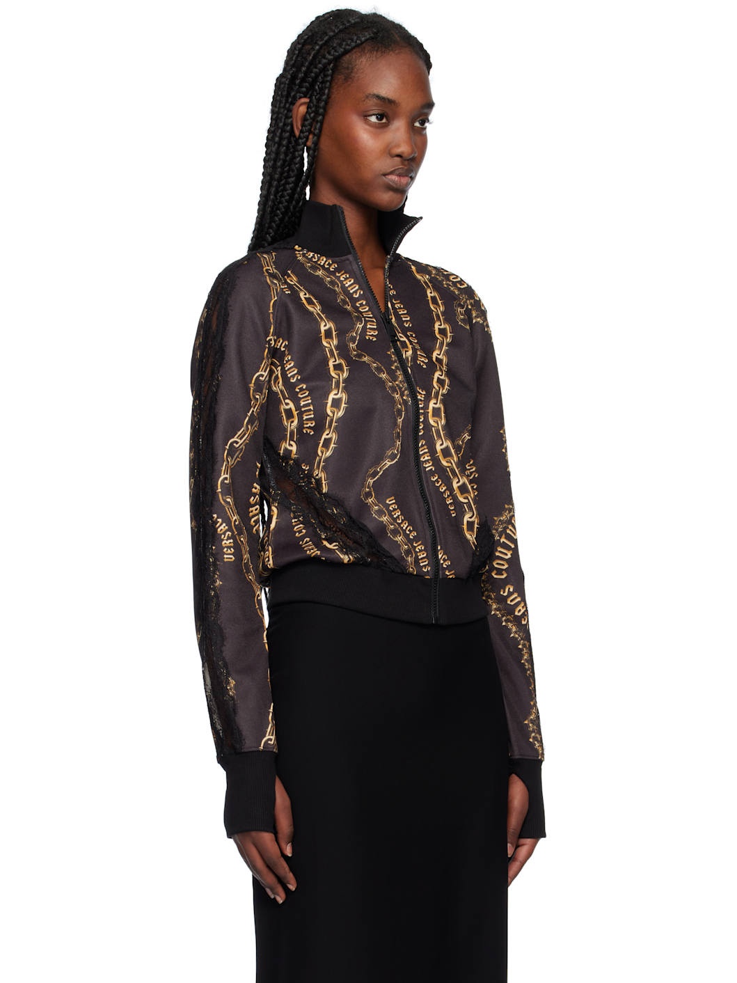 Black & Gold Chain Couture Lace Zip Sweatshirt - 2