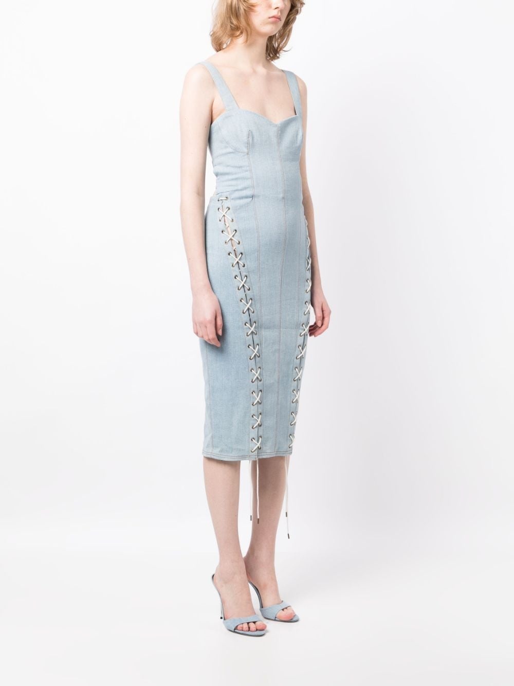 lace-up washed denim fitted dress - 3