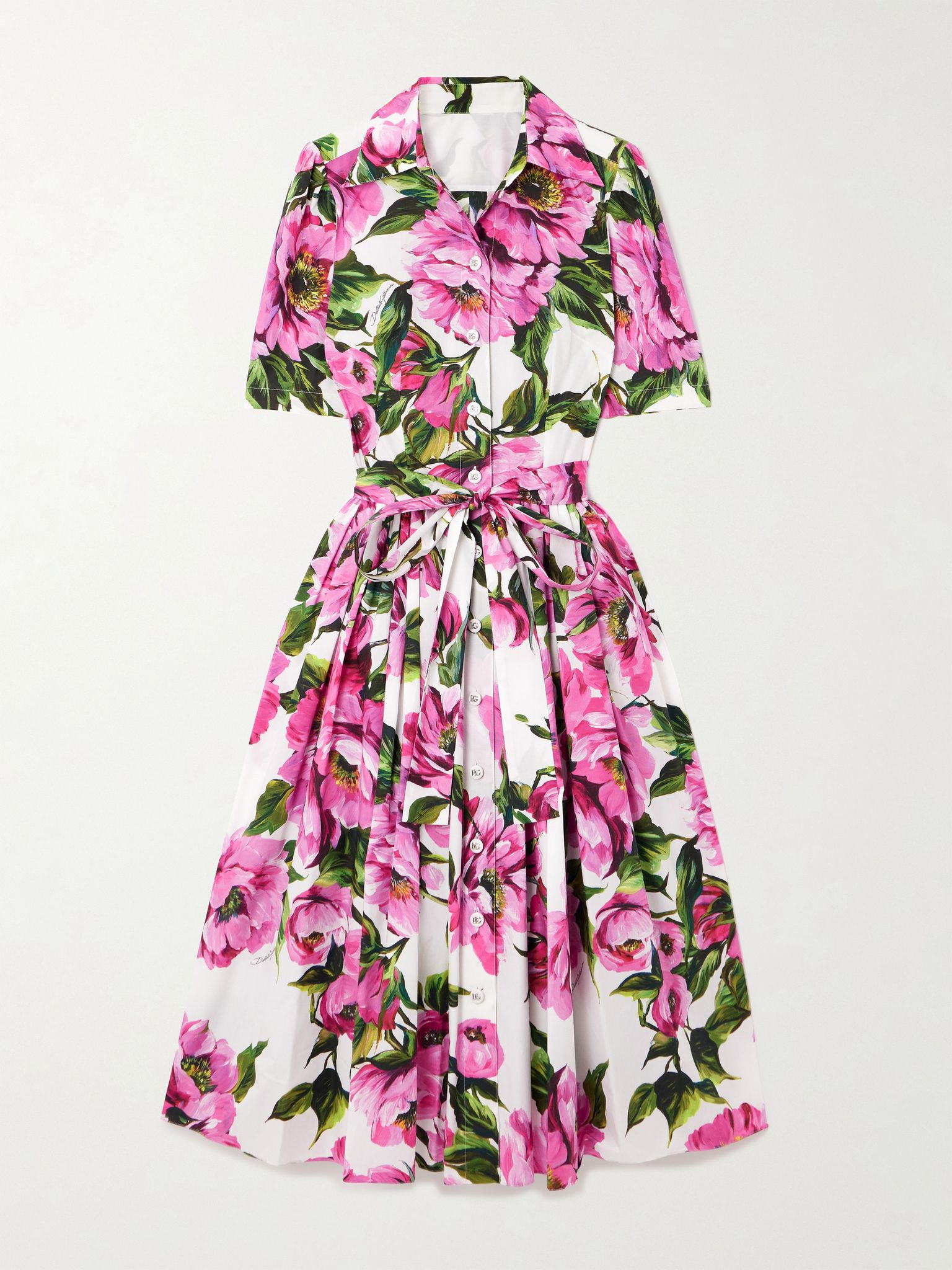 Belted pleated floral-print cotton-poplin midi shirt dress Pink - 1