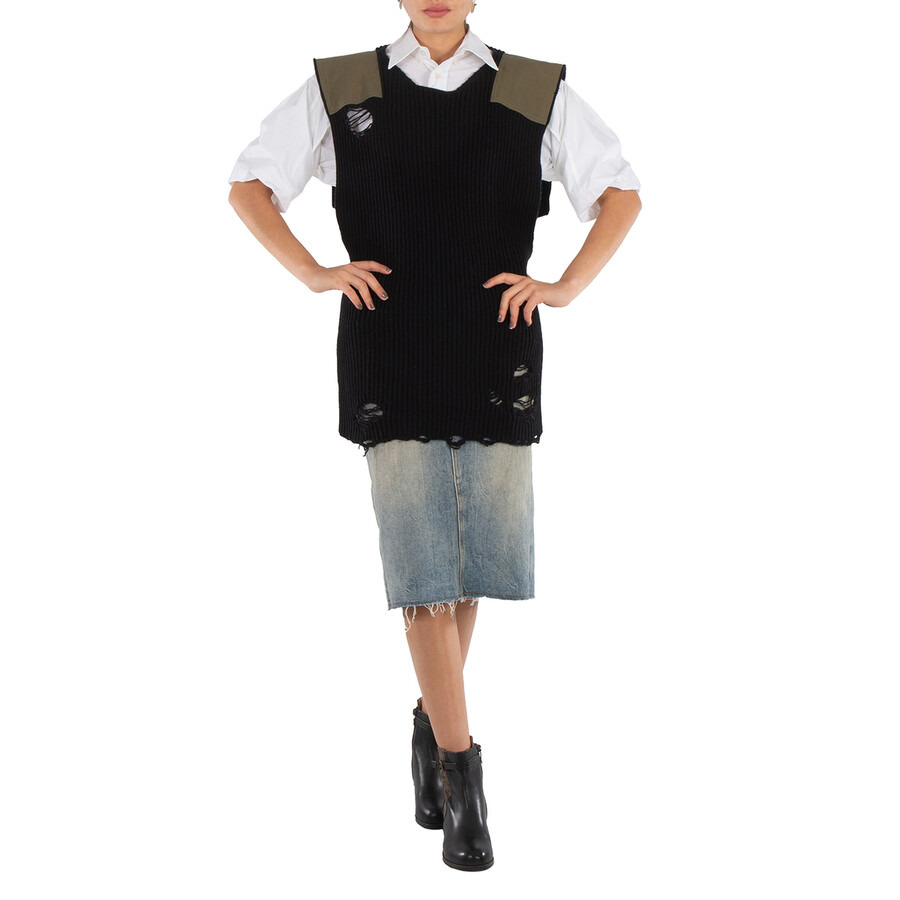Mm6 Ladies Black Distressed Panelled Ribbed Vest, Size One Size - 6