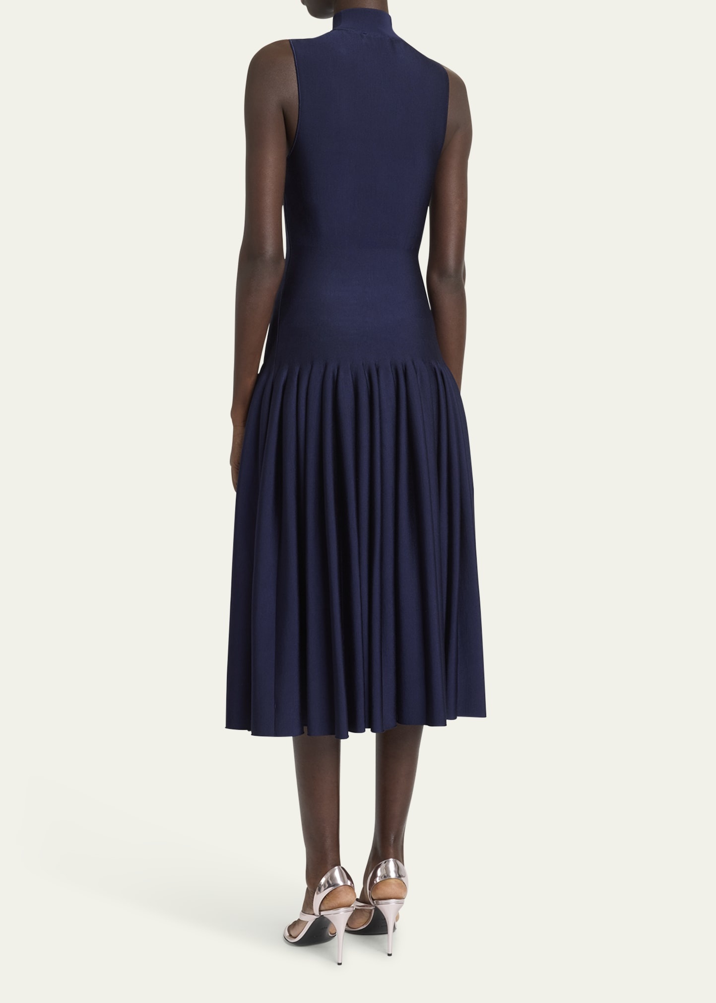 High-Neck Pleated Knit Midi Dress - 3