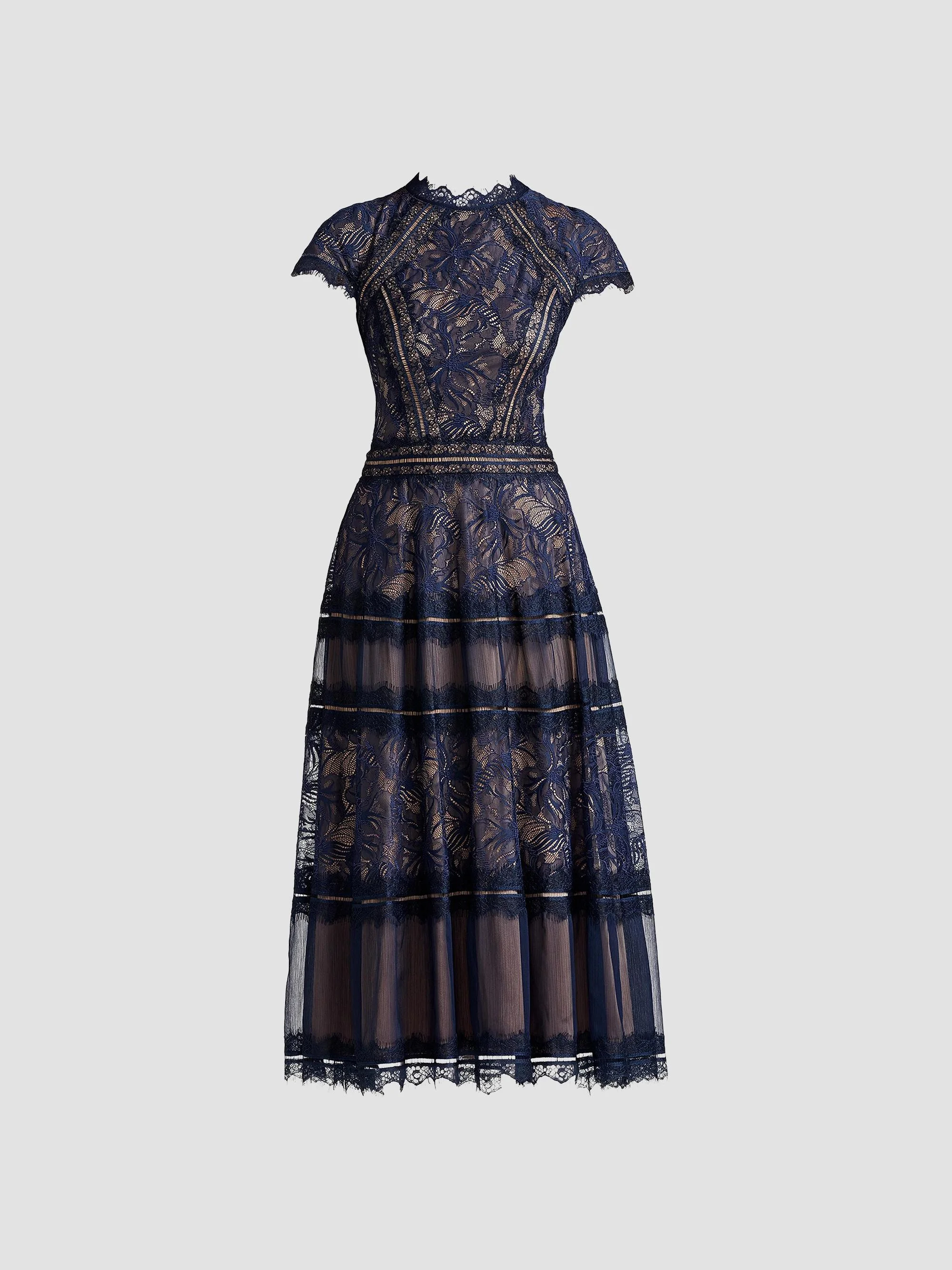 Women's Lace Cocktail Dress - Royal Navy Beige - 1