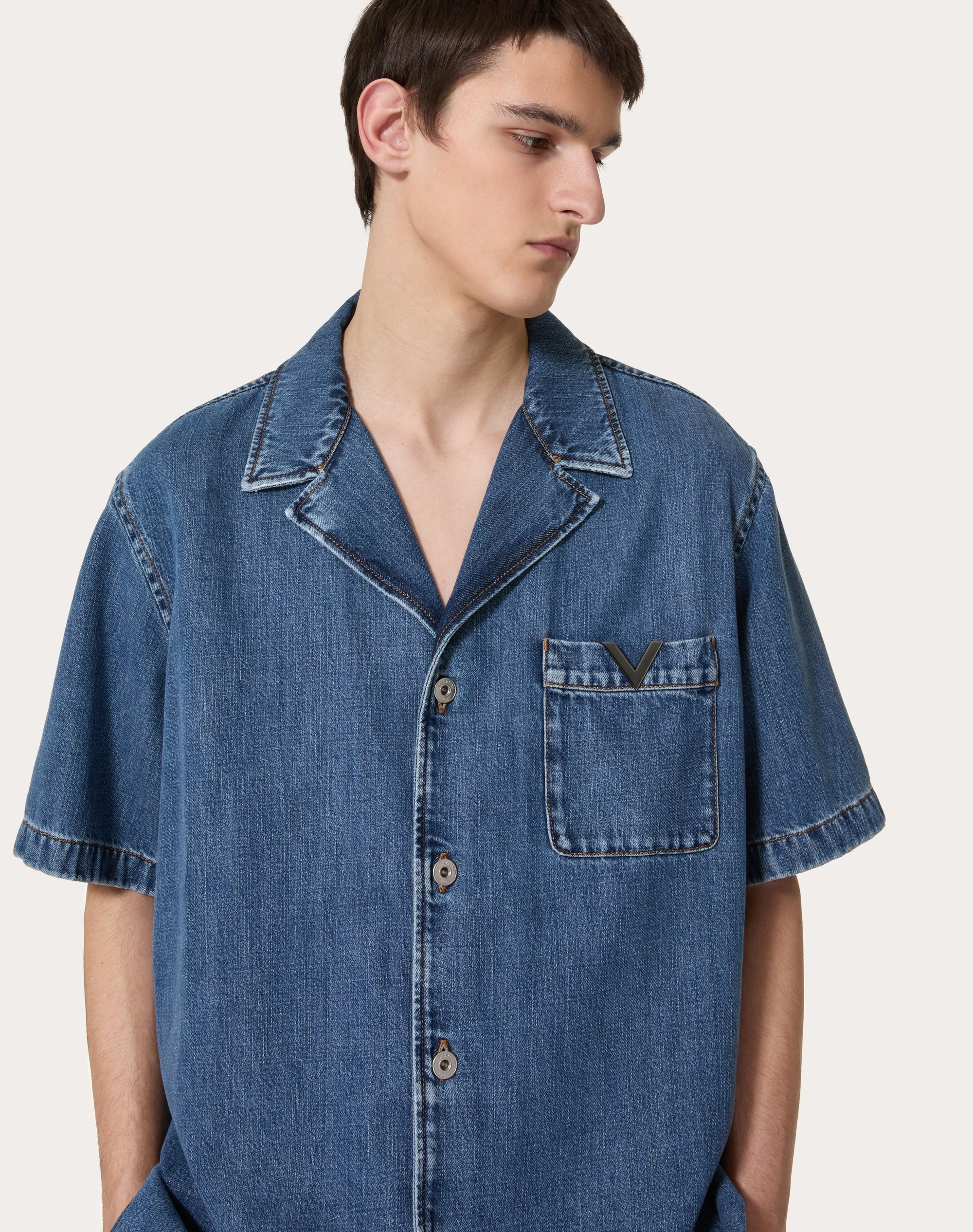 DENIM BOWLING SHIRT WITH METALLIC V DETAIL - 5