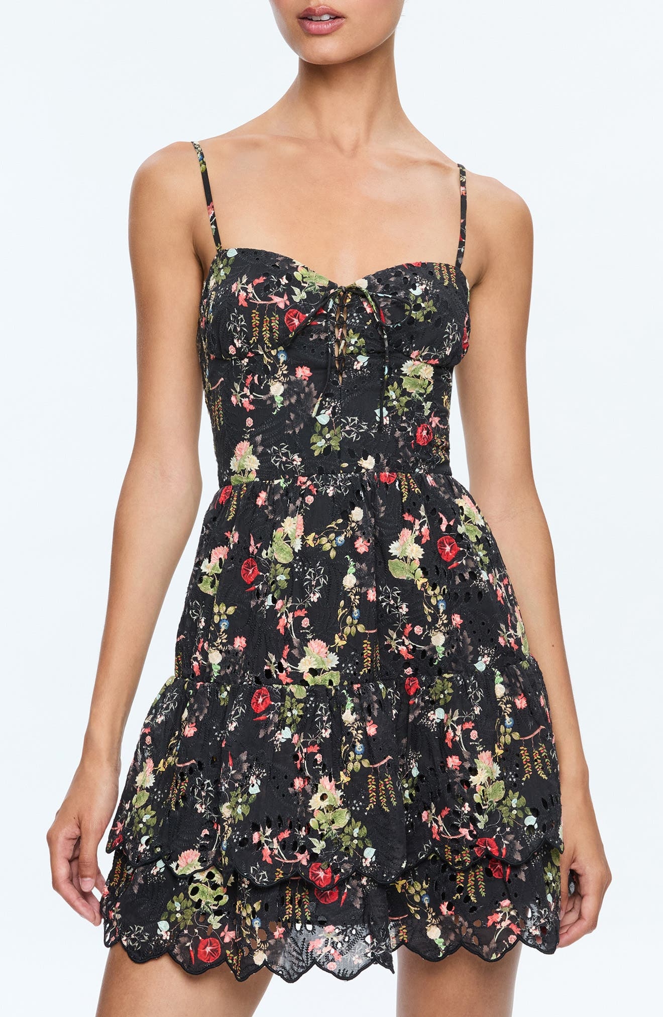 Alice + Olivia Daisy Floral Cotton Eyelet Minidress in Blush Kiss Black at Nordstrom - 3