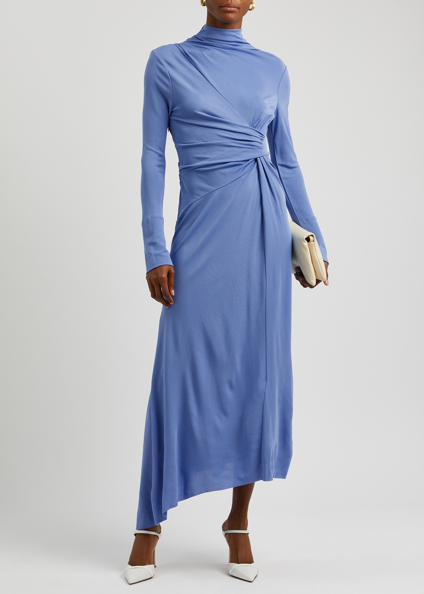 High Neck Asymmetric Draped Dress In Oxford Blue – Victoria Beckham UK