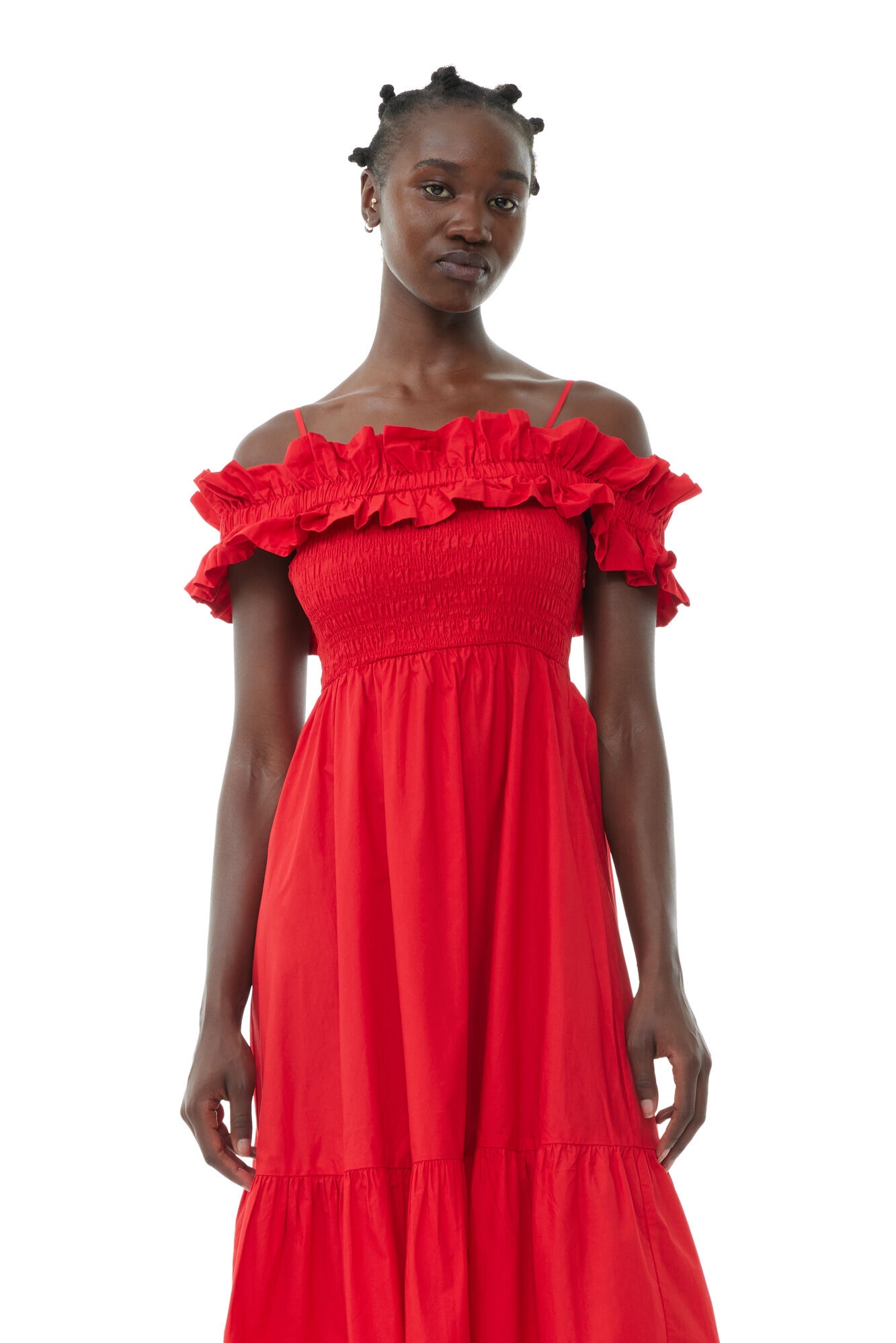 GANNI RED COTTON POPLIN LONG SMOCK DRESS REVERSIBLE