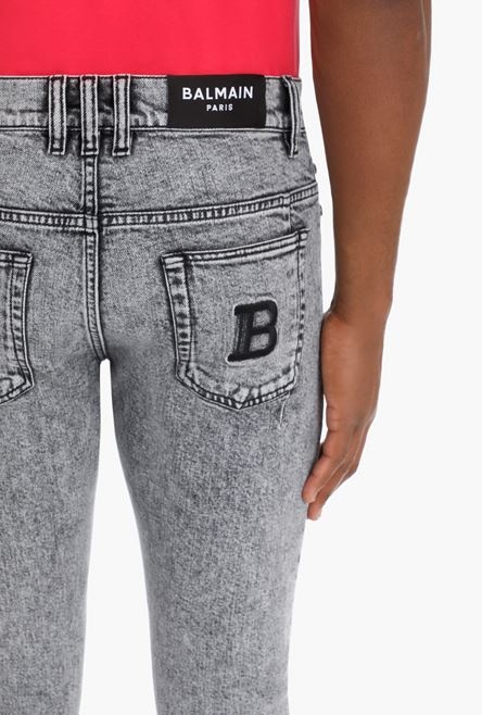 Slim gray cotton jeans with Balmain monogram - 8