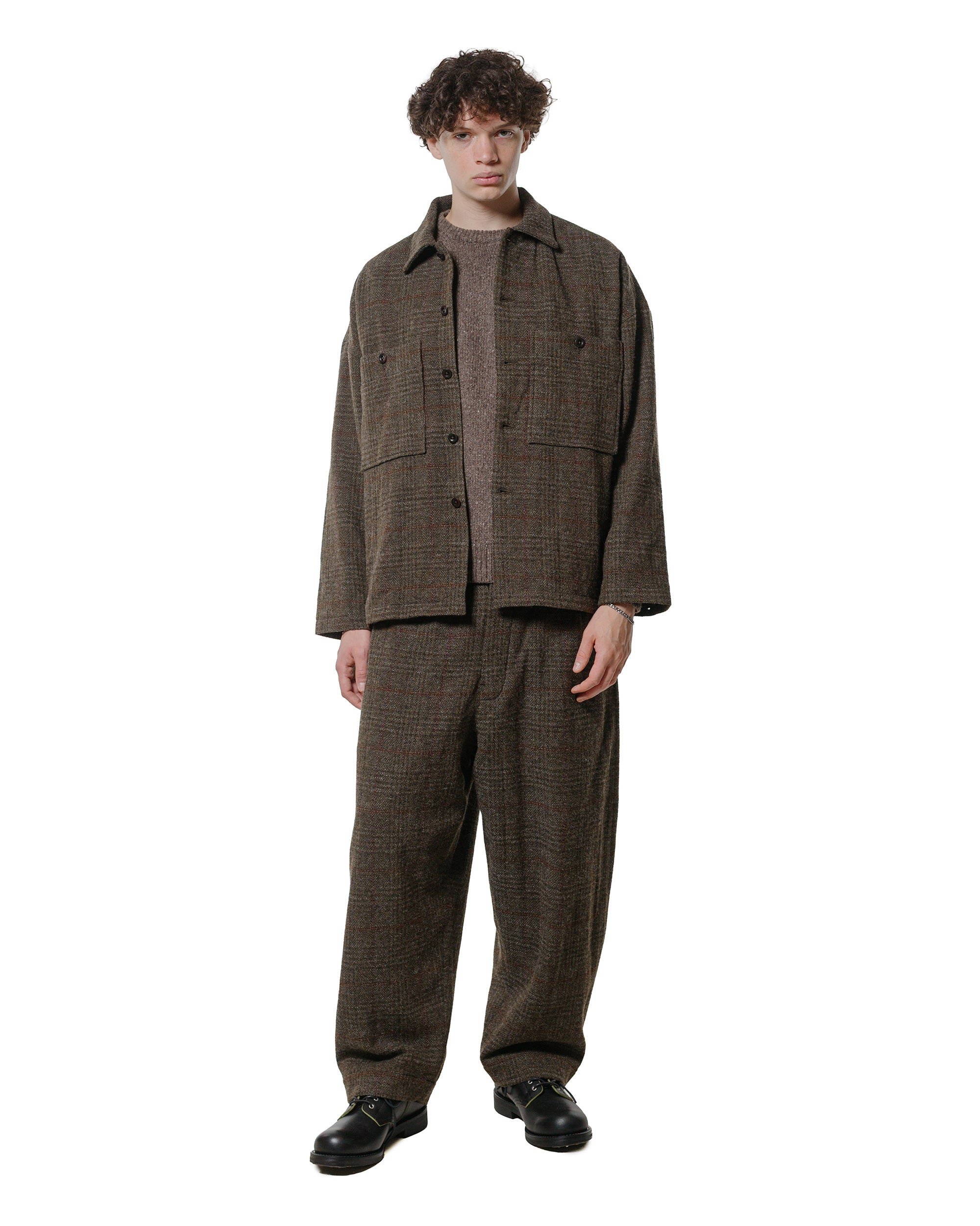Two Pleat Pant Wool Herringbone Check Dark Olive/Charcoal - 4