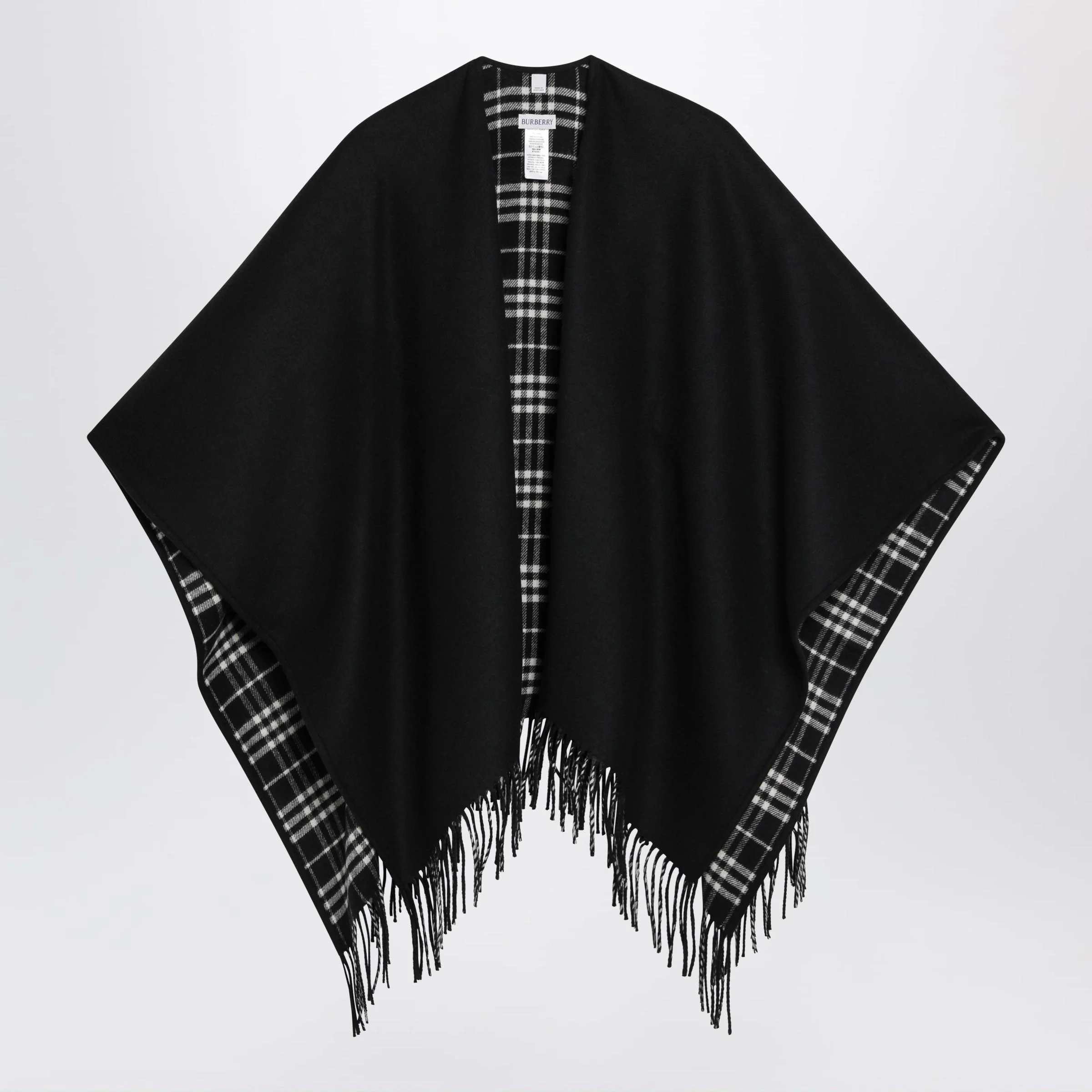 Burberry Reversible Wool Check Cape With Fringes In Black Women - 1
