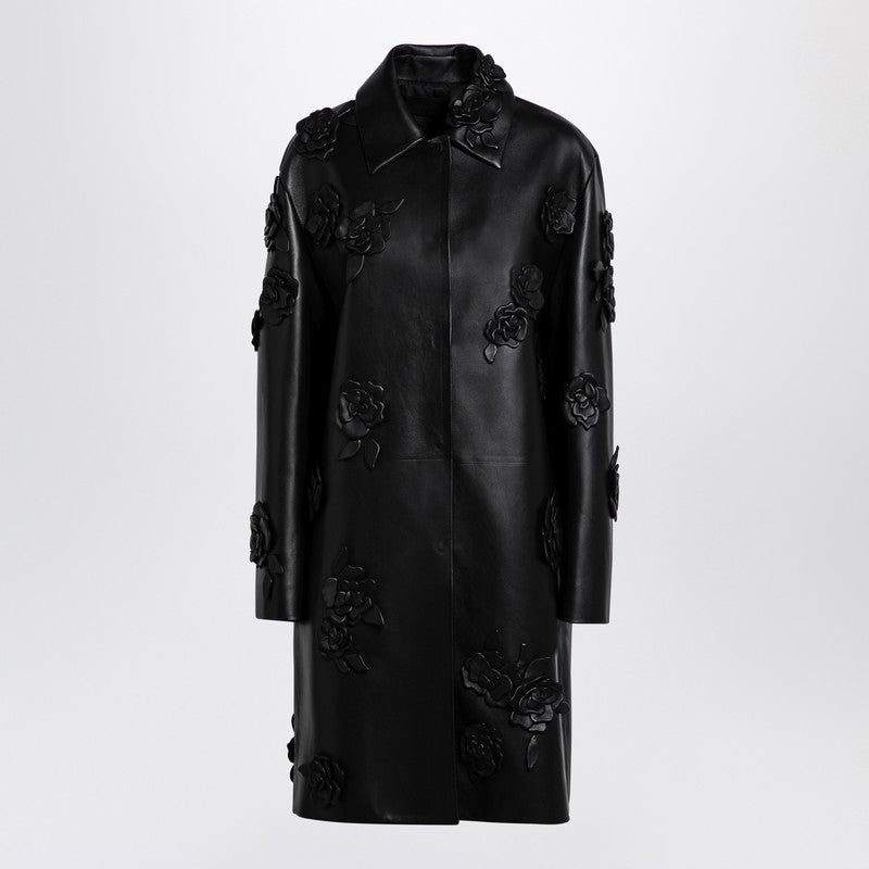 Valentino Black Leather Coat With Embroidery Women - 1