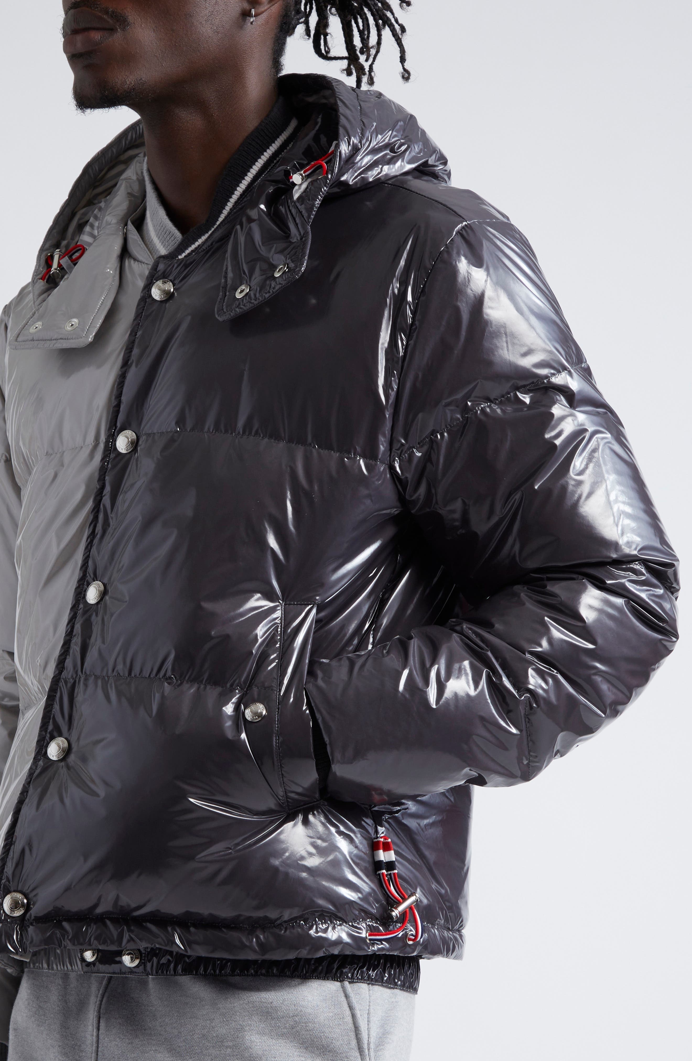 Thom Browne Colorblock Down Puffer Jacket with Removable Hood in Light Grey at Nordstrom - 5