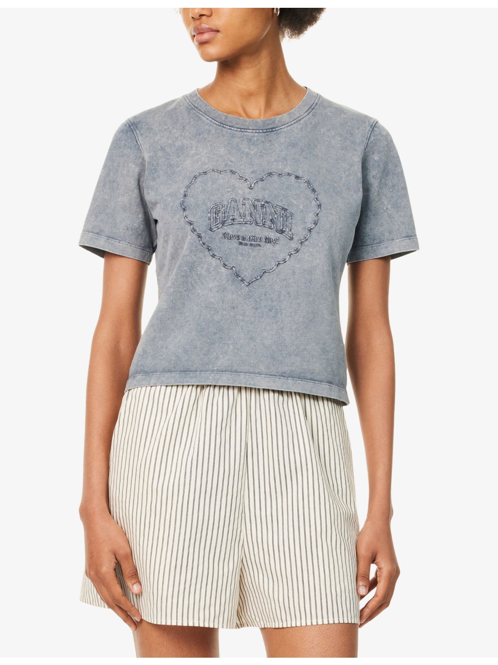 Heart-Embroidery Round-Neck Cotton-Jersey T-Shirt - 3