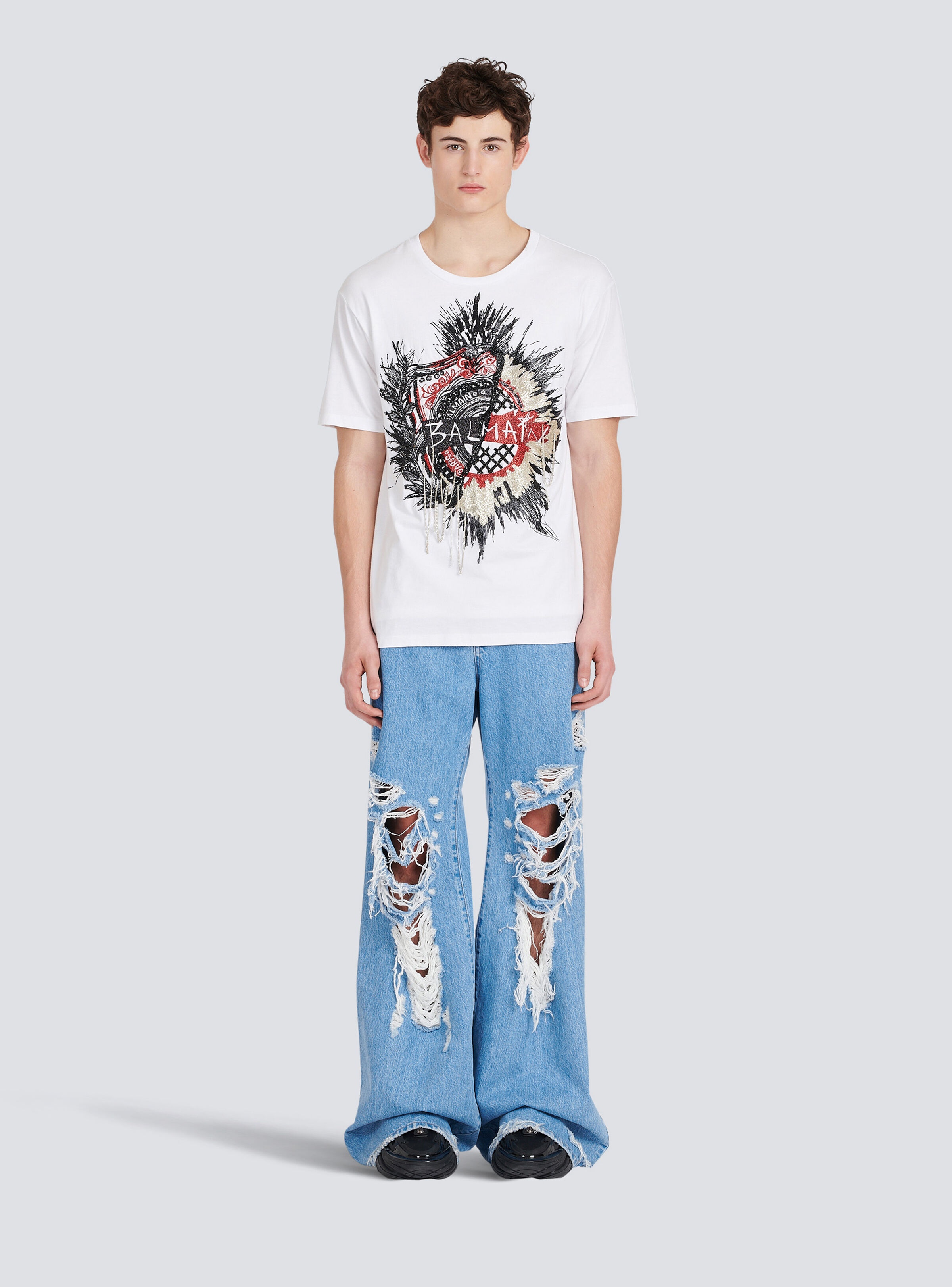 Oversized cotton T-shirt with embroidered Balmain logo - 3