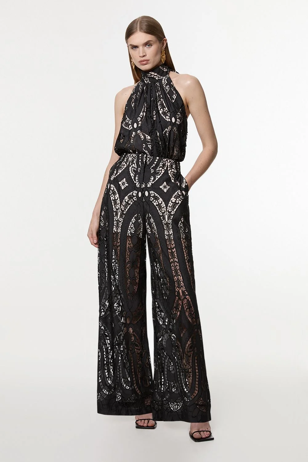 Tall Sheer Georgette Cutwork Woven Wide Leg Trouser - 1