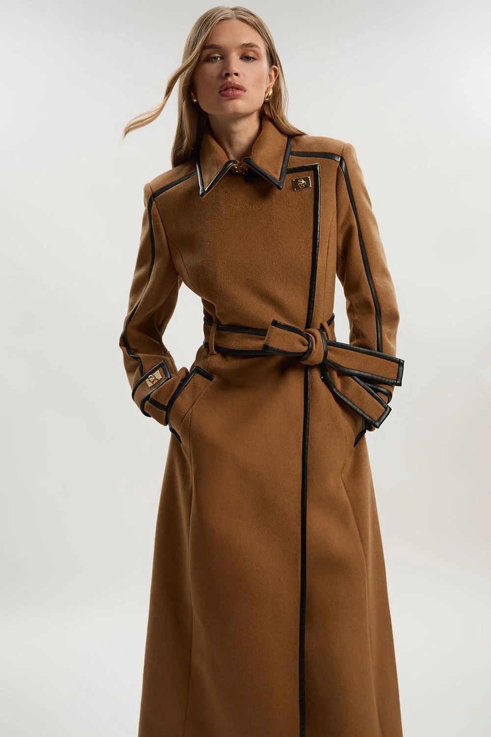 Brushed Wool Pu Trim Belted Tailored Double Breasted Midi Coat - 1