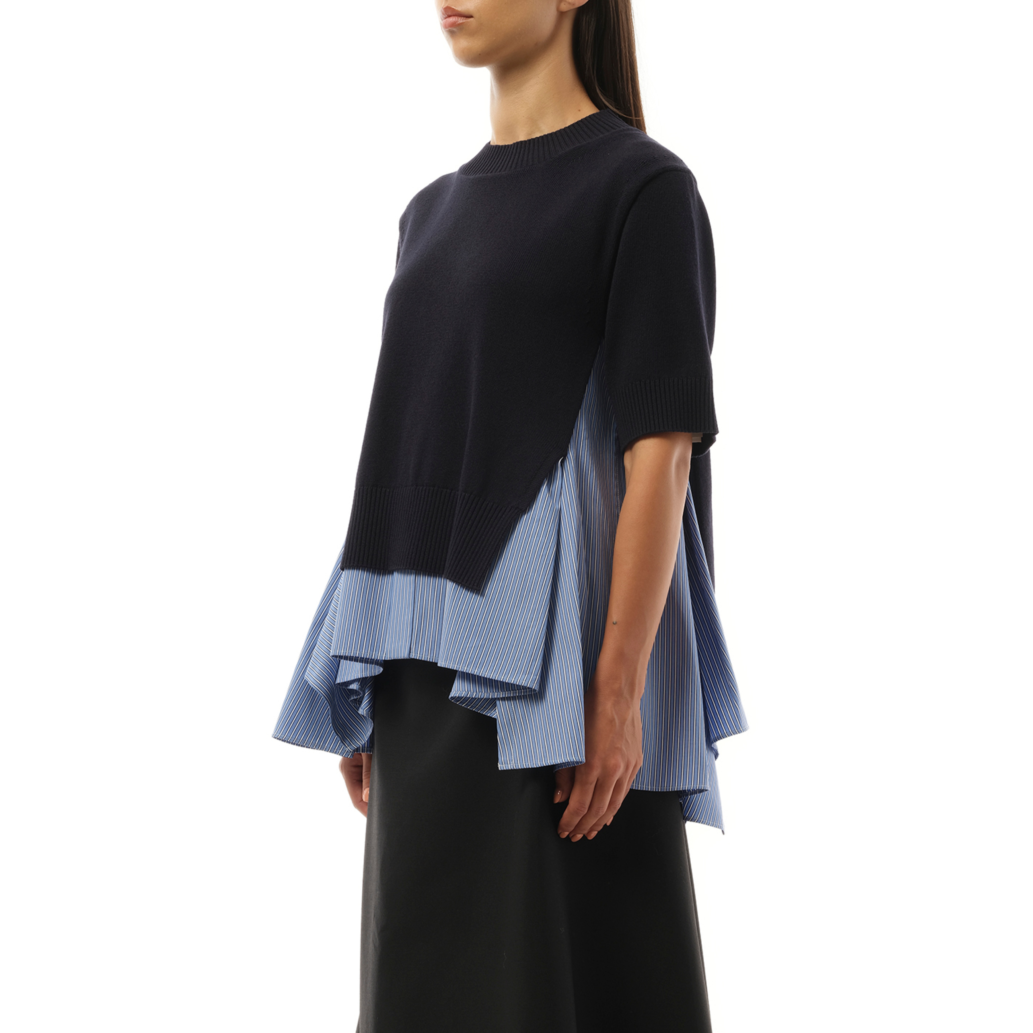 sacai Cotton Poplin x Knit Pullover in Navy/Blue Stripe