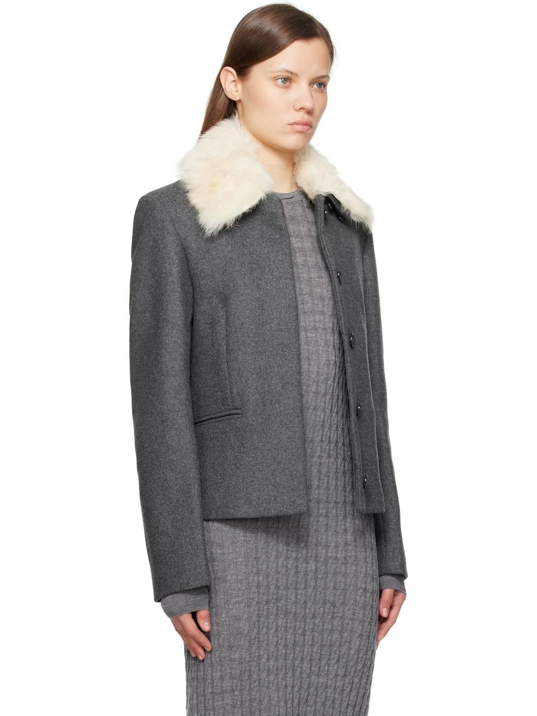 Gray Shearling Collar Jacket - 2
