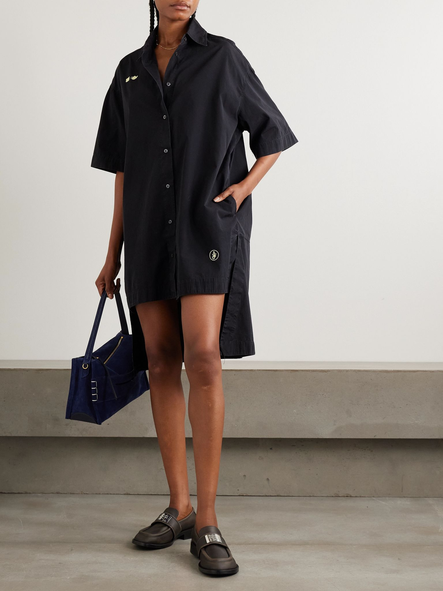 Embroidered cotton-voile midi shirt dress Black - 2