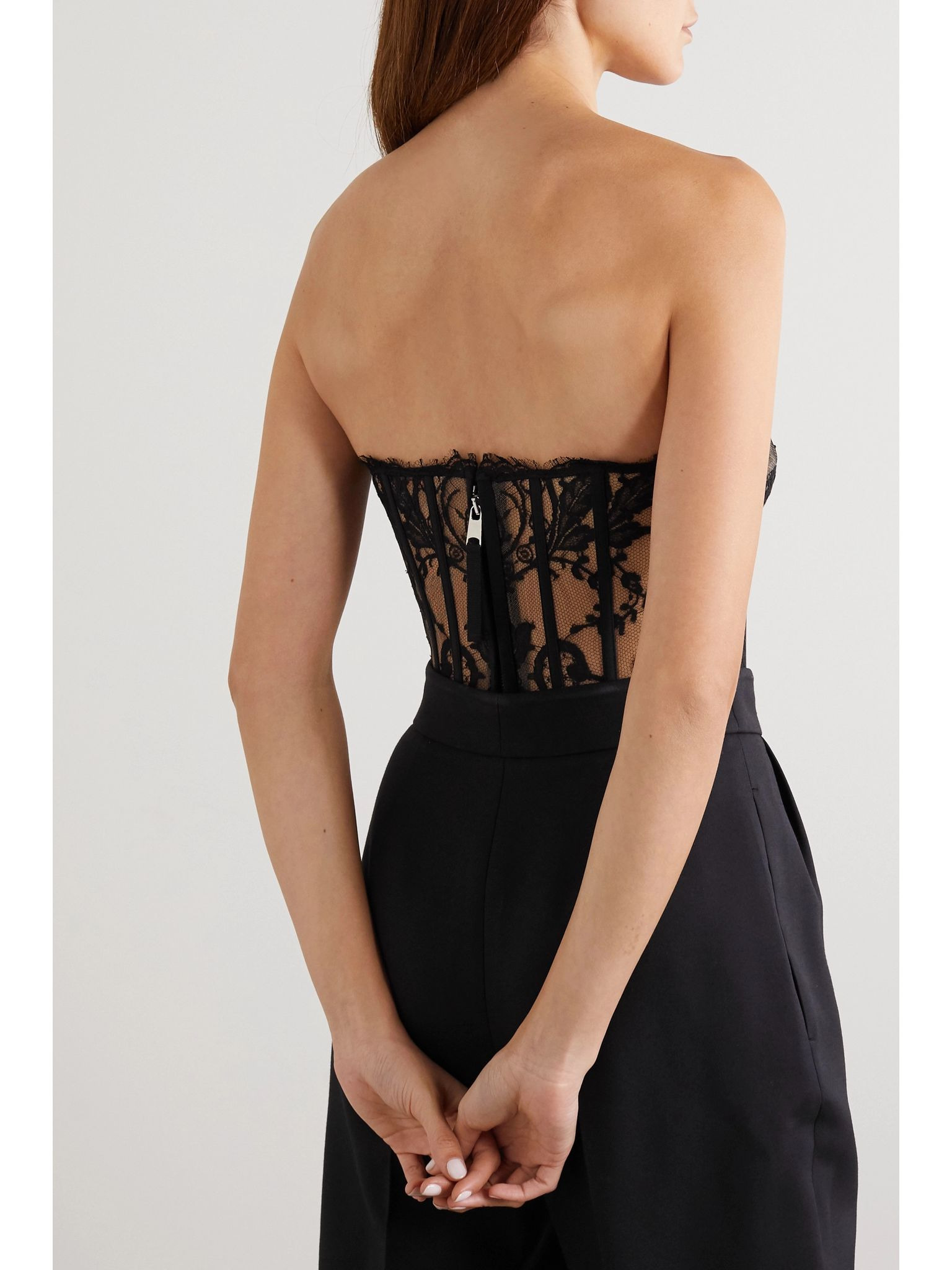Satin-trimmed cotton-blend corded lace bustier top Black - 3