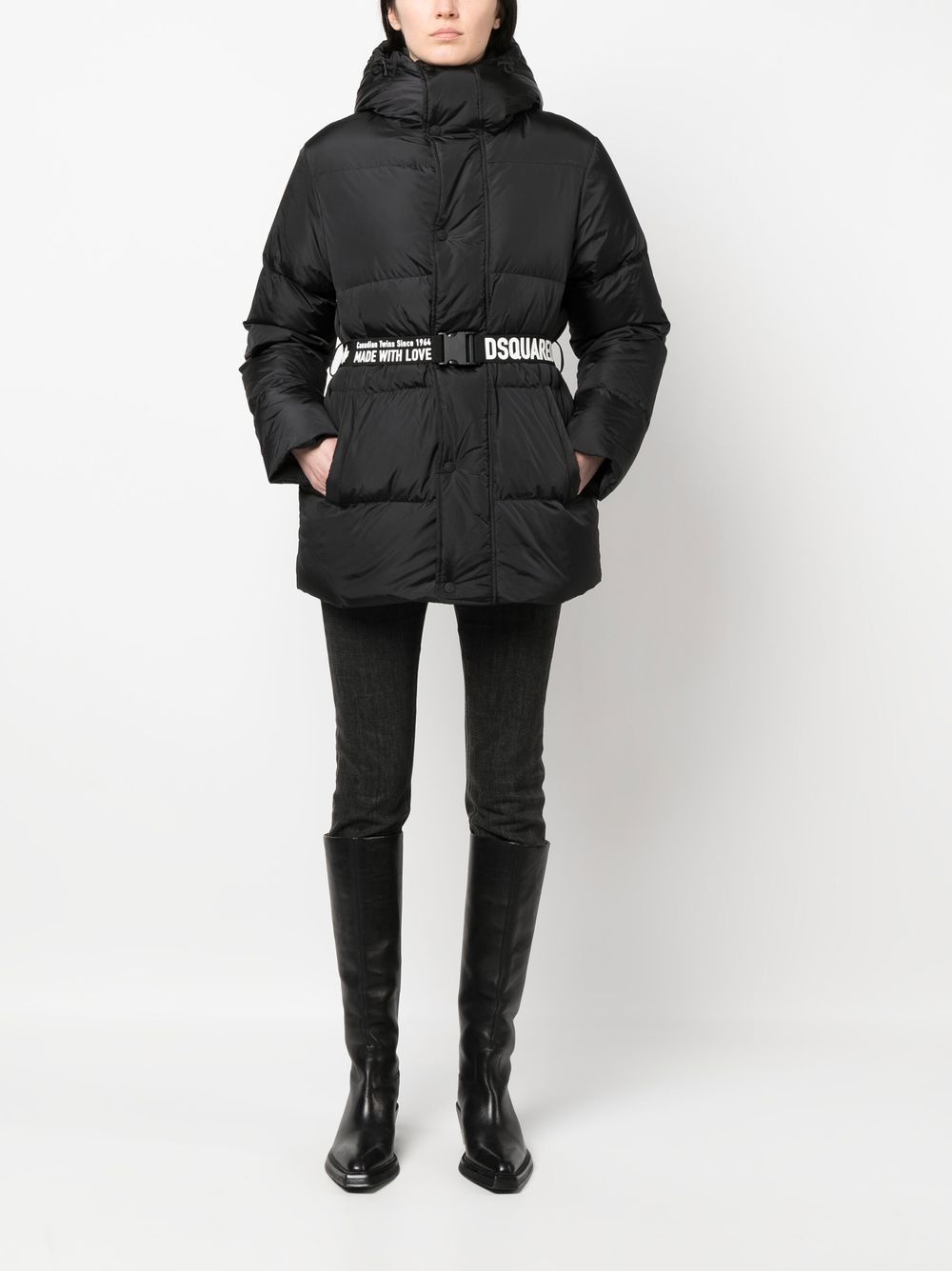 logo-print belted puffer - 2