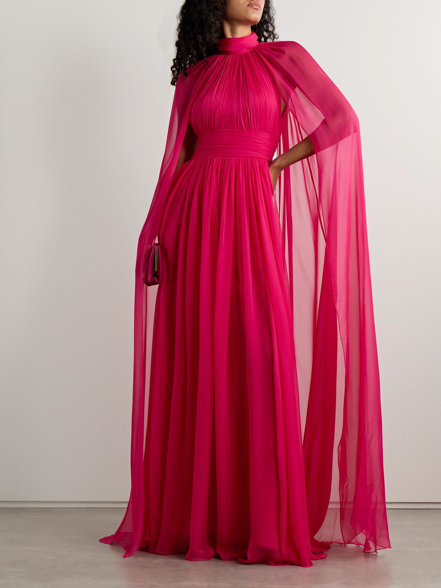 Cape-effect gathered silk-chiffon gown Red - 2