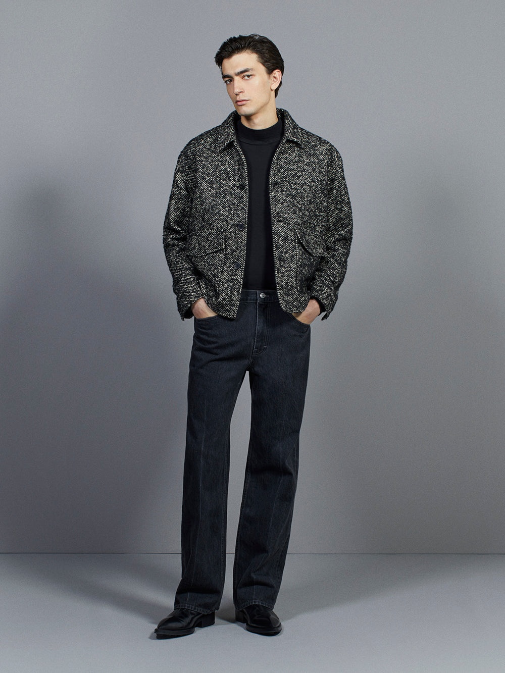 Tweed Trucker Jacket in Grey - 2