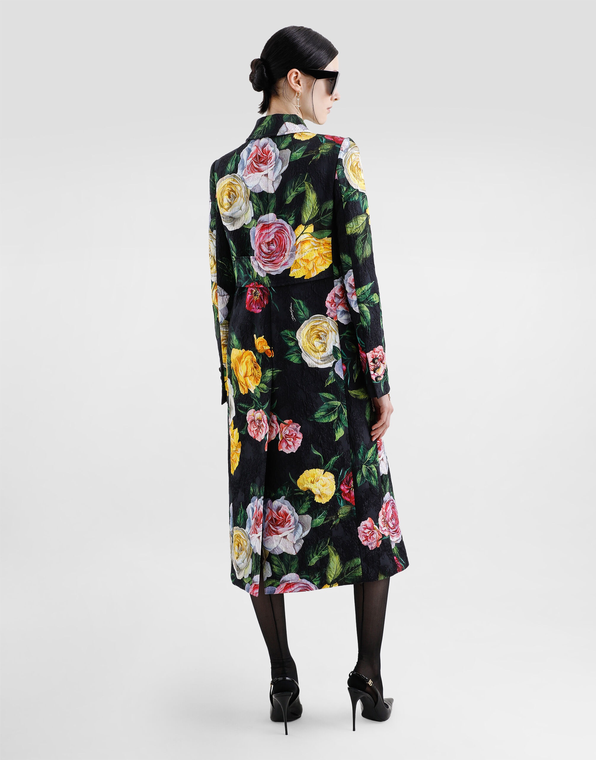Single-breasted peony and rose-print brocade coat - 3
