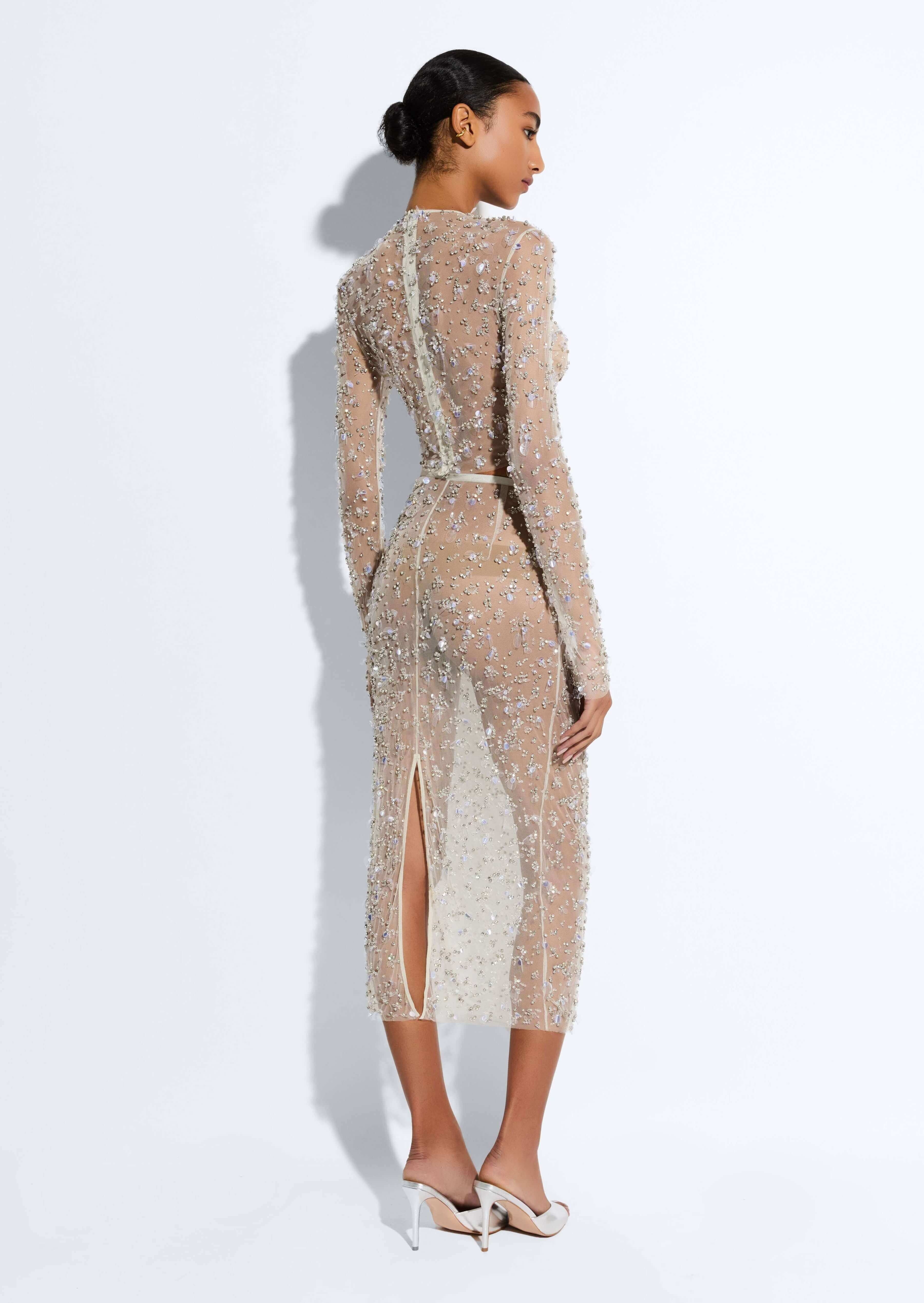 Embroidered Mesh Pencil Skirt - 3
